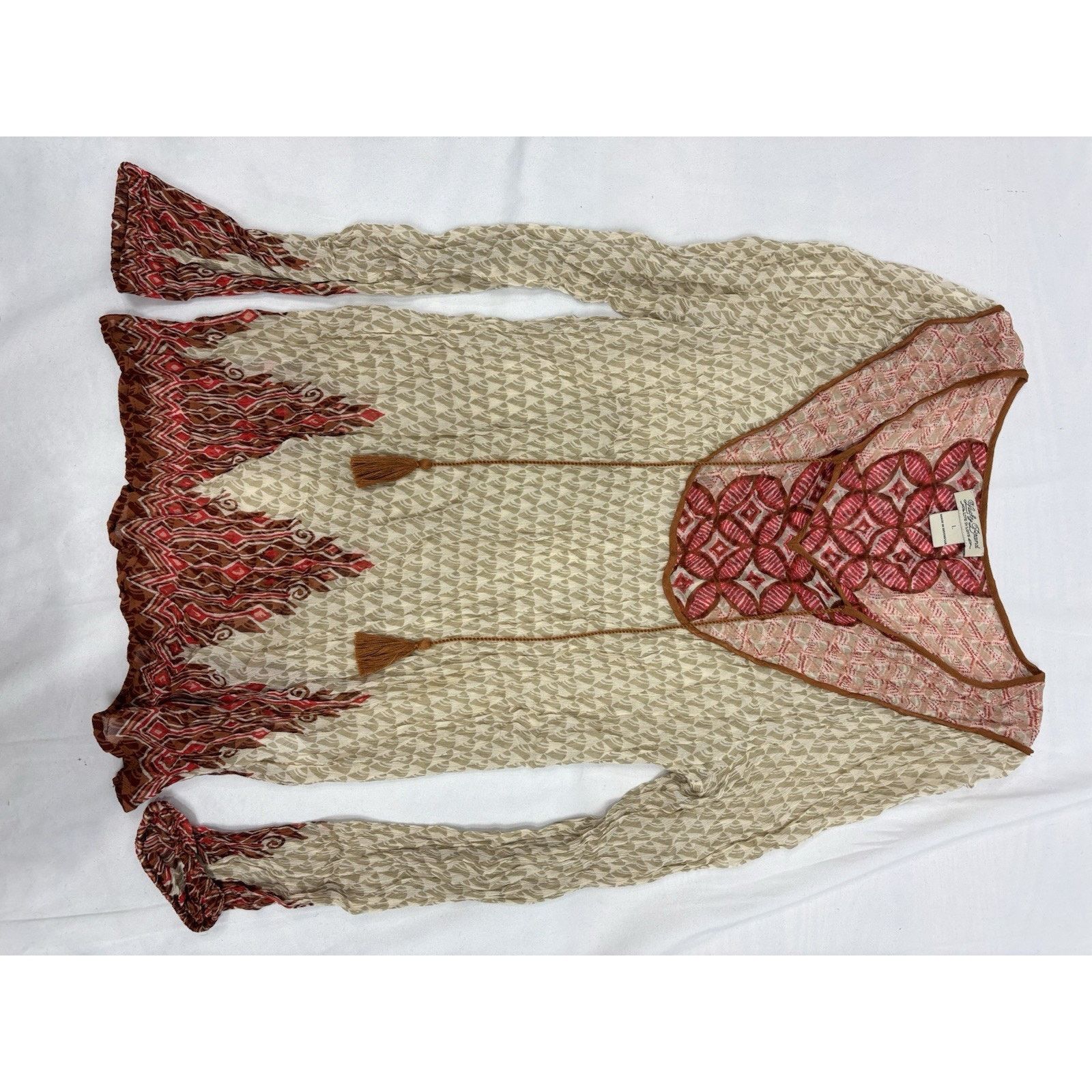 Lucky Brand Lucky Brand Womens Tan Red Boho Long Sleeve Sheer Blouse L Size L / US 10 / IT 46 - 3 Thumbnail