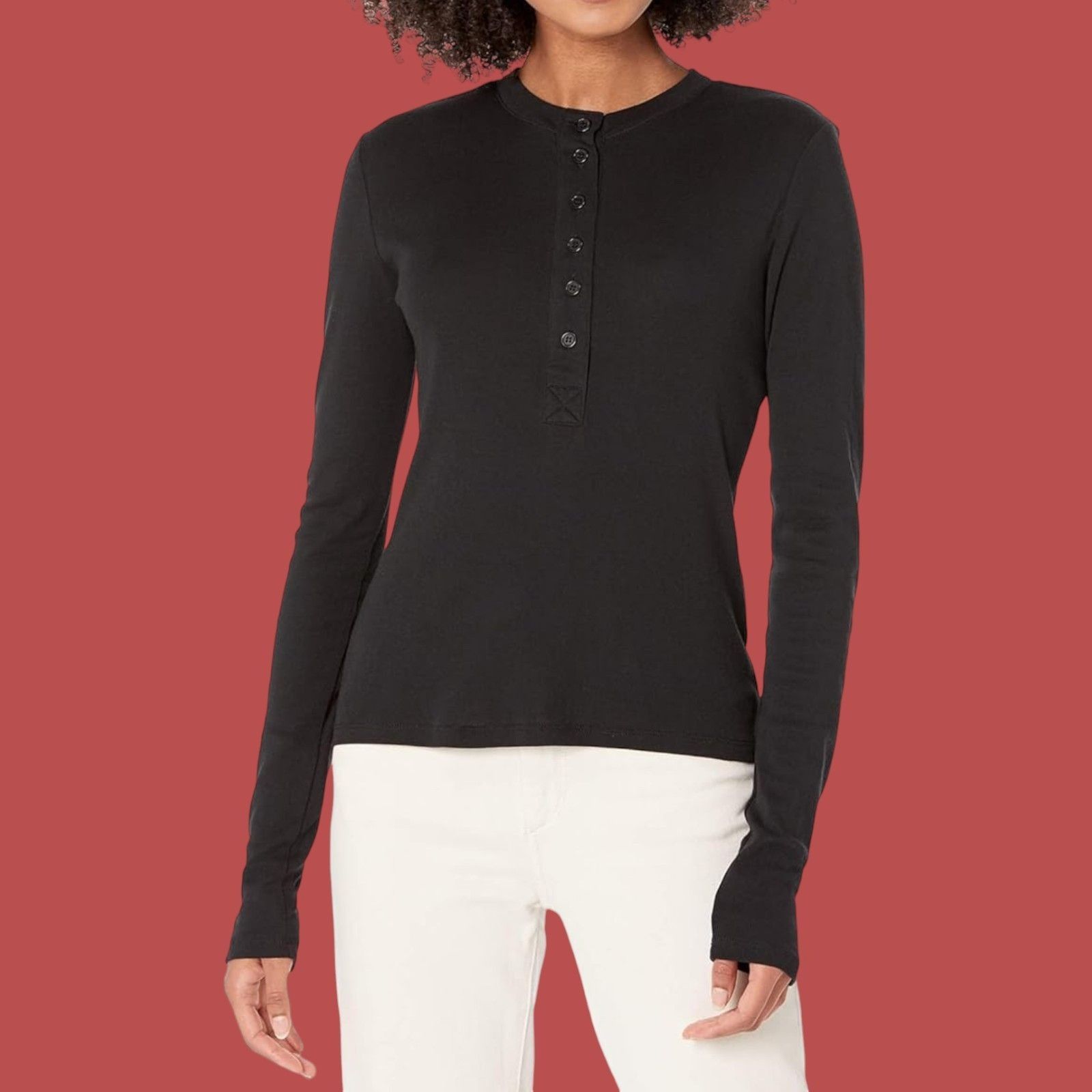 Other Rue + - Women's Fitted Long Sleeve Henley Tee - Black - 1X Size XL / US 12-14 / IT 48-50 - 1 Thumbnail