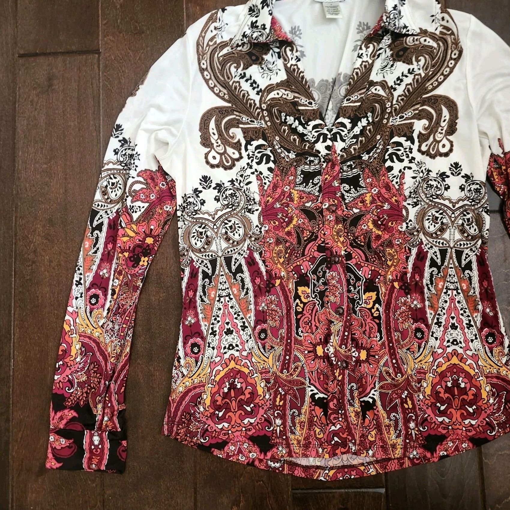 Vintage Cache Boho Paisley Blouse Womens M Long Sleeve Button Stretch Top Size M / US 6-8 / IT 42-44 - 4 Thumbnail