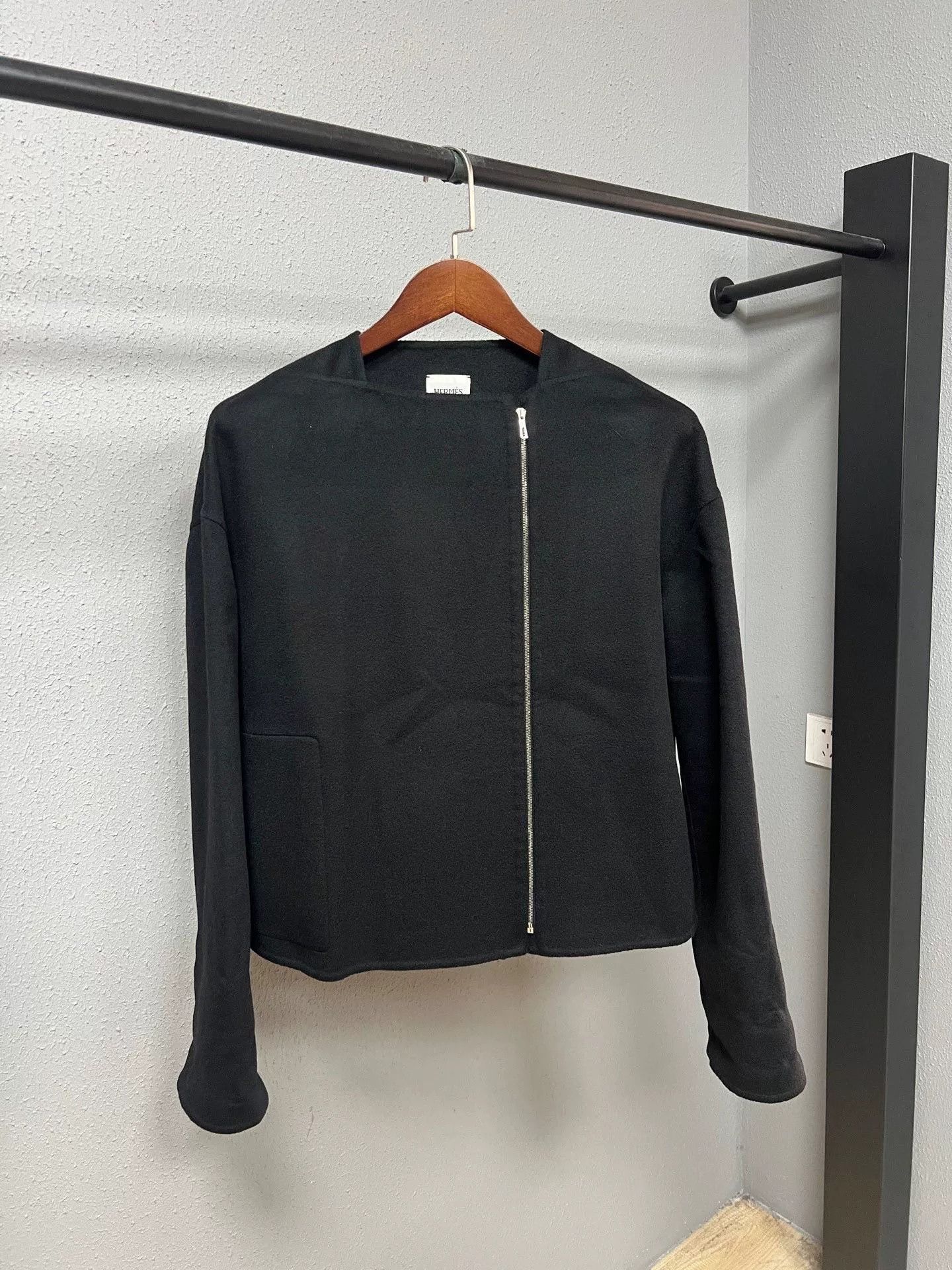 Hermes Hermes Black Collarless Wool Slant Zipper Jacket Size US 7 / EU 40 - 1 Thumbnail
