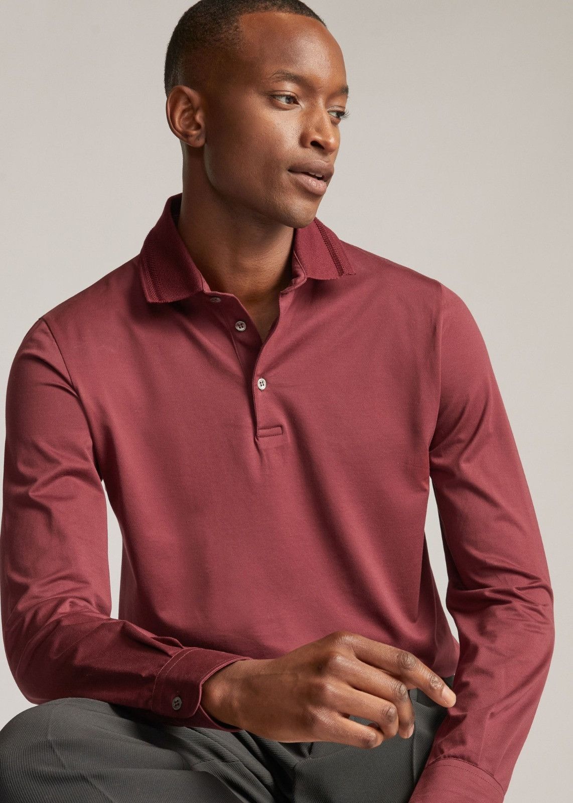 image of Loro Piana O1Loc1C0124 Long-Sleeved Polo Shirt In Burgandy, Men's (Size XL)