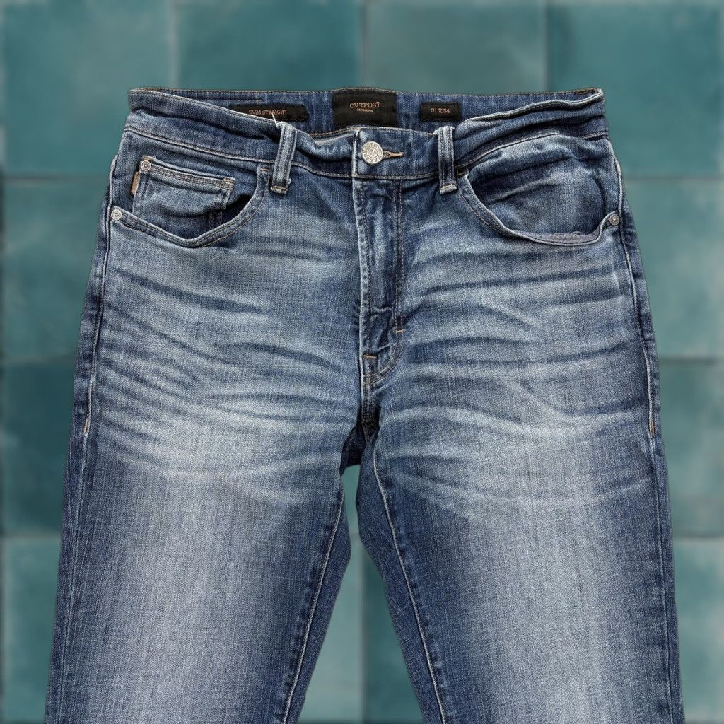 Vintage Outpost Makers Jeans Slim Straight Mens 31x34 Blue Stretch Denim 5-Pocket Zip Fly Logo Patch Vintage No Size US 31 - 1 Thumbnail