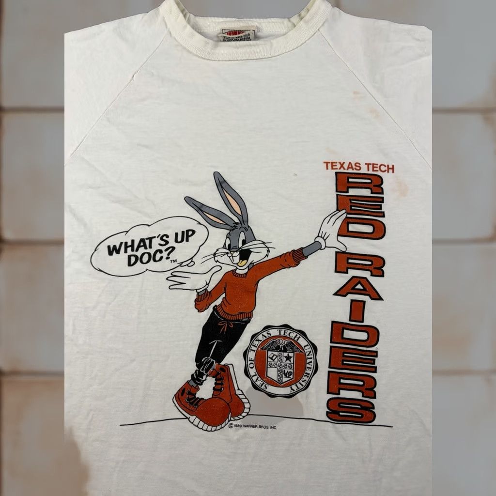 Nutmeg VINTAGE Texas Tech Red Raiders T Shirt Mens M Bugs Bunny 80s Nutmeg White Crew Neck Short Sleeve Regular Pattern Solid Size US M / EU 48-50 / 2 - 1 Thumbnail