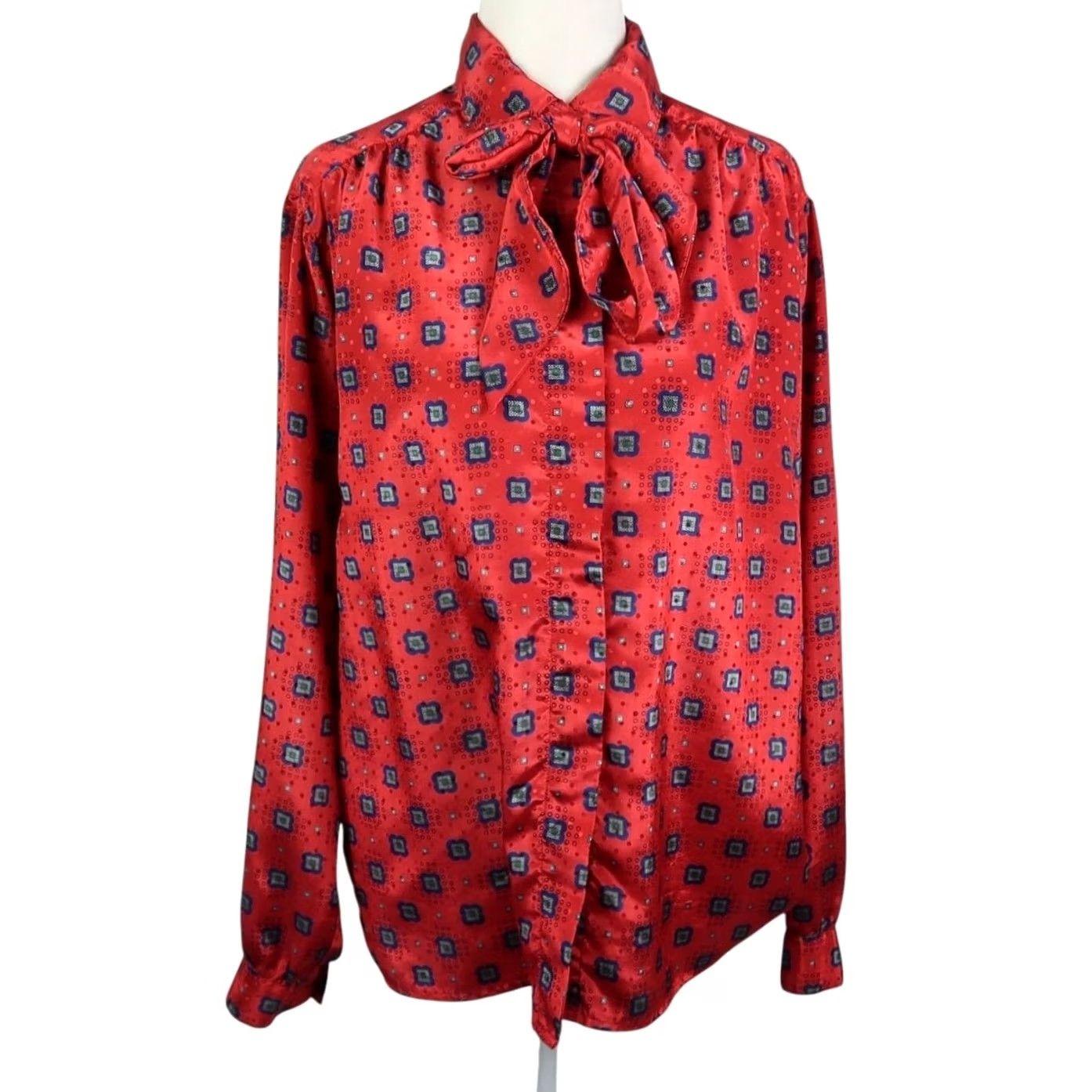 Vintage Vintage Alfred Dunner Blouse 14 Red Blue 90s Scarf Print Satin Tie Bow Top Size XL / US 12-14 / IT 48-50 - 2 Thumbnail