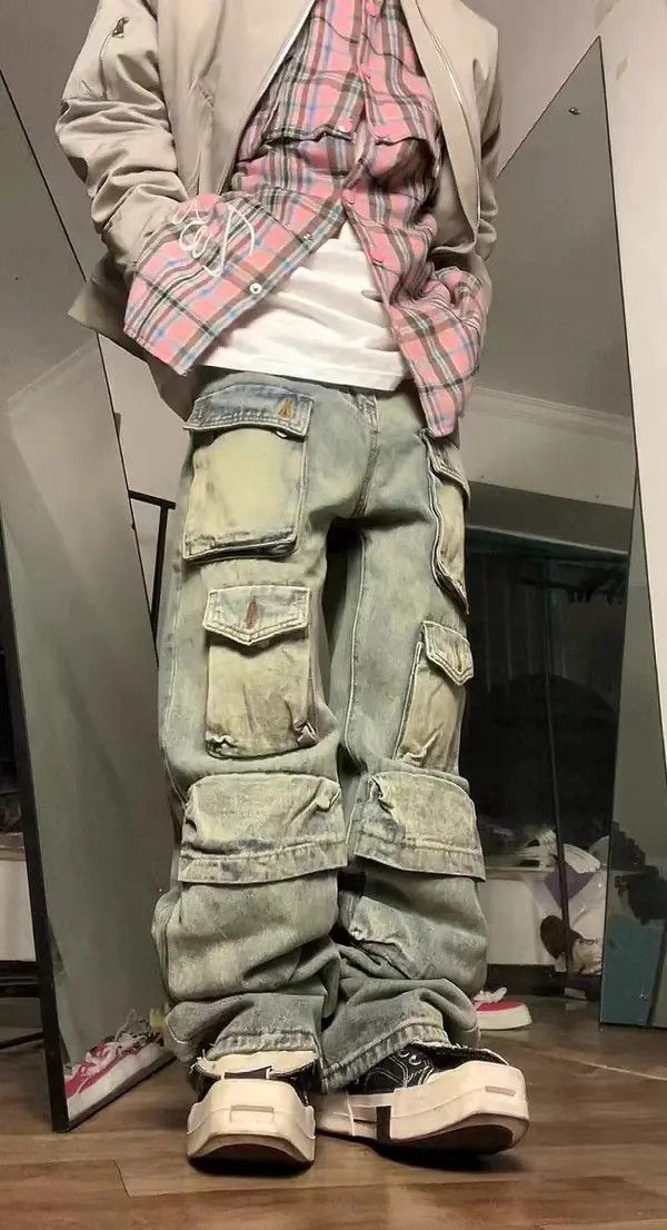 VIBE Retro yellow mud-dyed washed distressed multi-pocket jeans Size US 32 / EU 48 - 2 Thumbnail