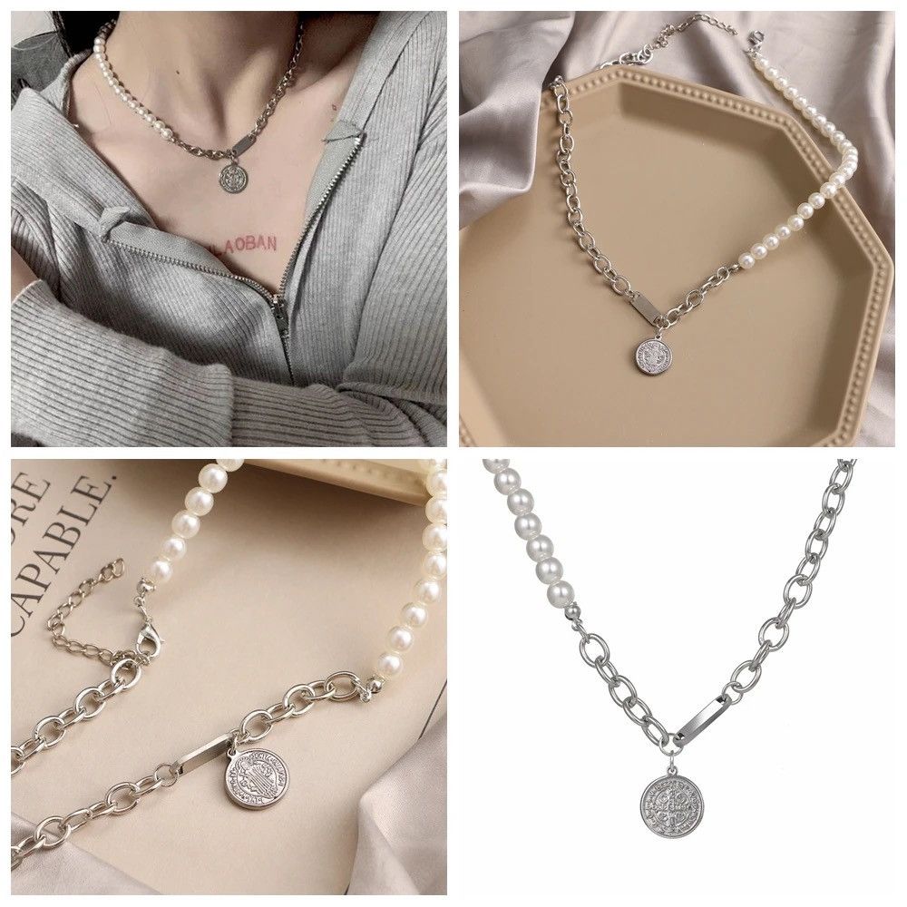 Jewelry × Vintage Pearl Metal steel Necklace Chain Size ONE SIZE - 2 Thumbnail