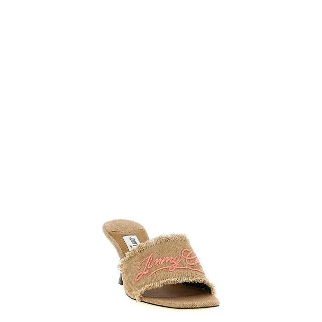 JIMMY CHOO Alexia Beige/Brown Linen 70mm Heeled Sandals New/