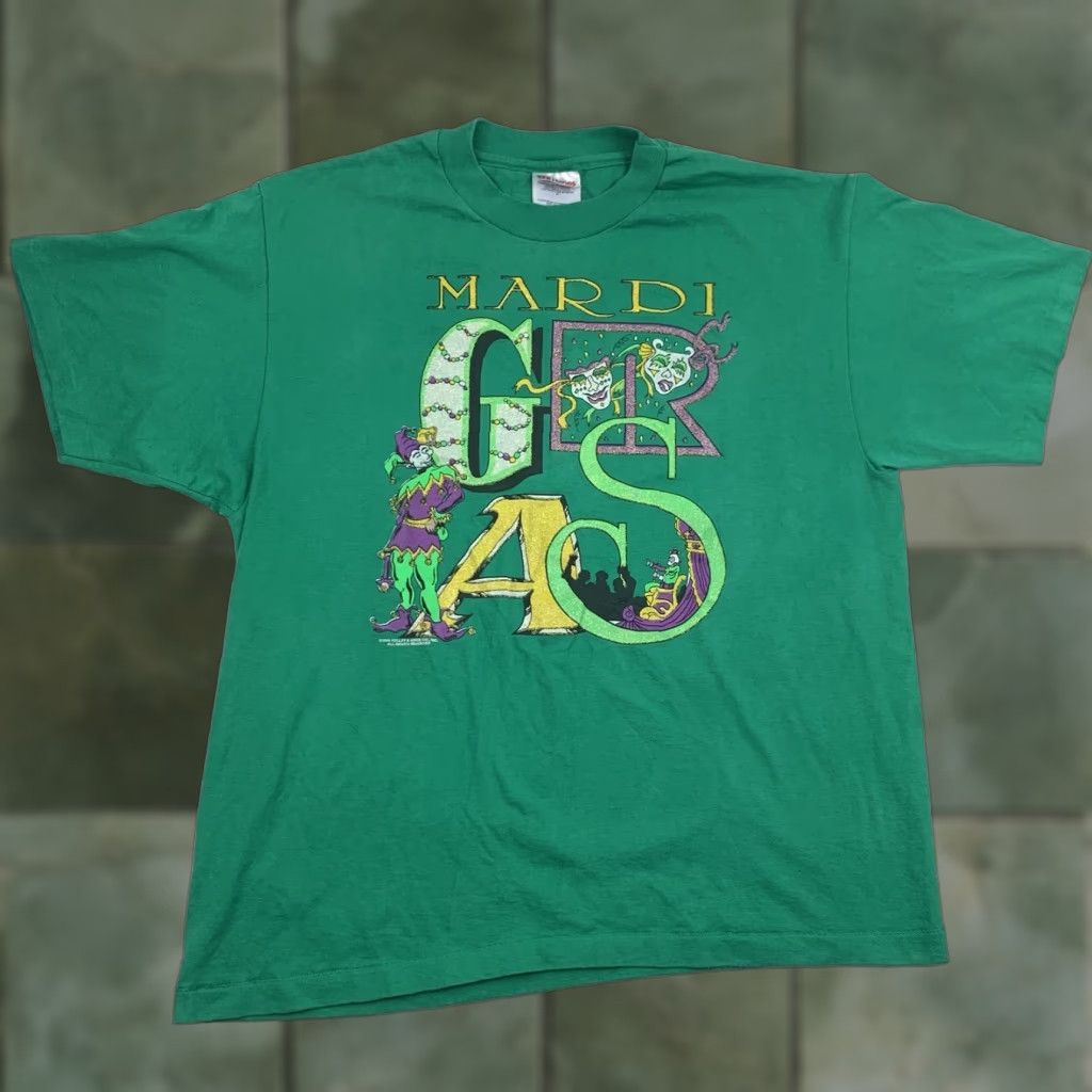 Hanes VINTAGE Mardi Gras Shirt Mens Adult L Green 90s Hanes T-Shirt Crew Neck Short Sleeve USA Size US L / EU 52-54 / 3 - 1 Thumbnail