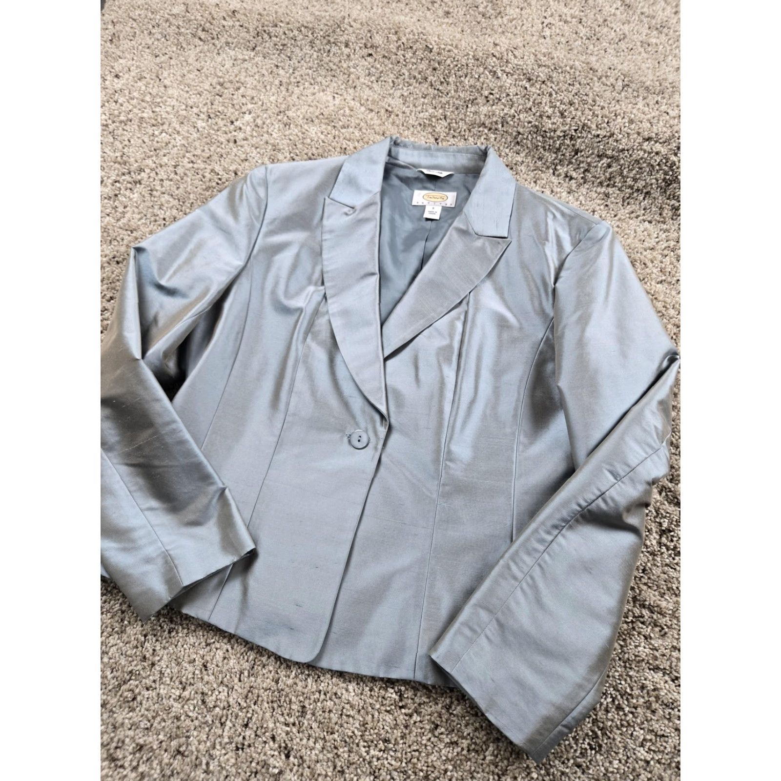 Talbots VINTAGE Talbots Blazer Jacket Womens 8 Petites 100% Silk One Button Slim Tailored Silver Notch Single-Breasted Pant Suit Ladies? Size M / US 6-8 / IT 42-44 - 2 Thumbnail