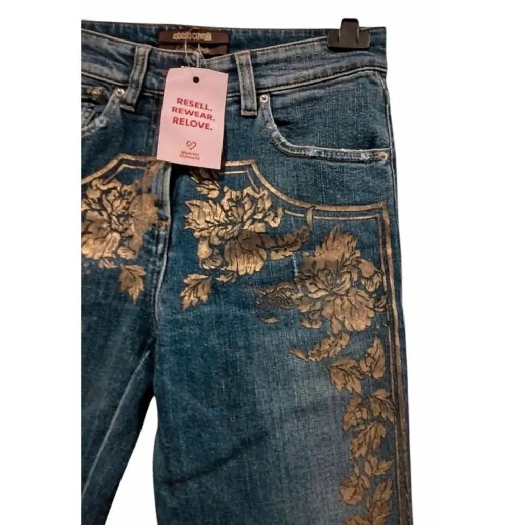 Roberto Cavalli RARE Roberto Cavalli Gold Botanical Embellished Jeans Size 26" / US 2 / IT 38 - 4 Thumbnail