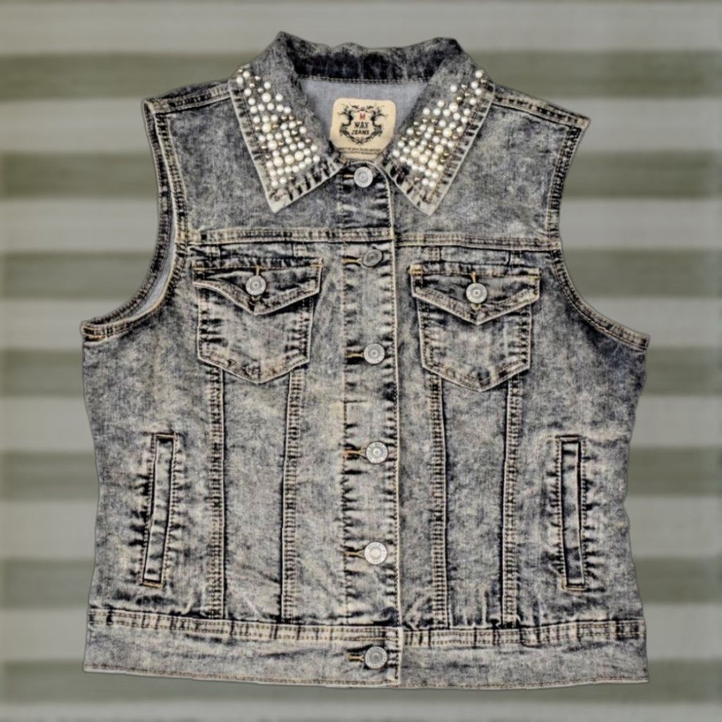 VINTAGE Wax Jeans Vest Denim Blue 1990s Stone Washed Pearl Beaded Collar M Adults Chest 34