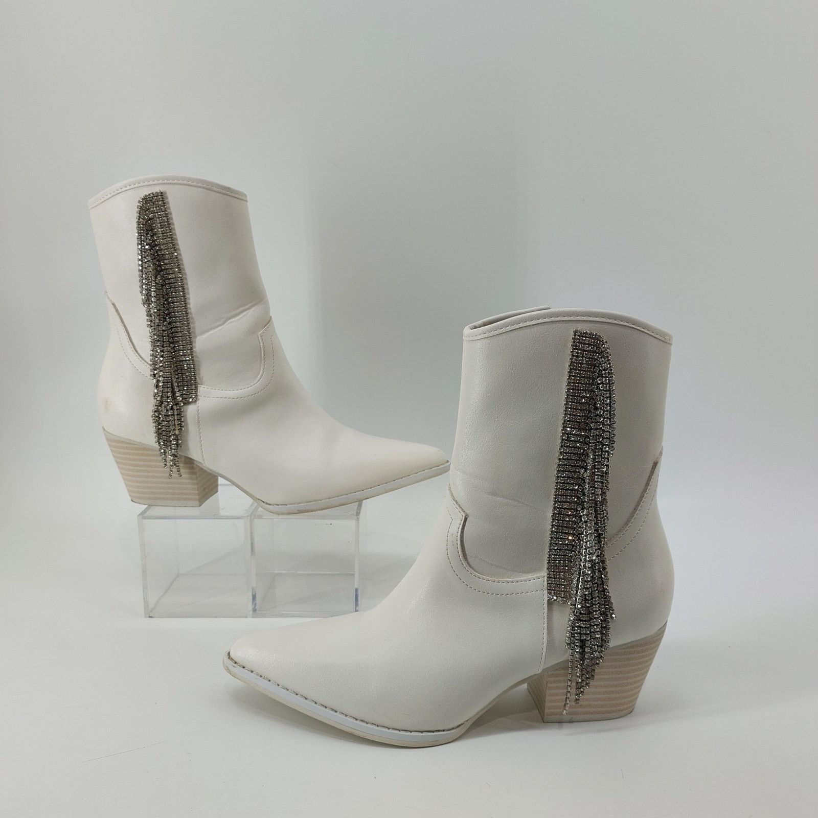 Other Altar'd State White Western Boot Rhinestone Fringe Ankle 8 Size US 8 / IT 38 - 5 Thumbnail