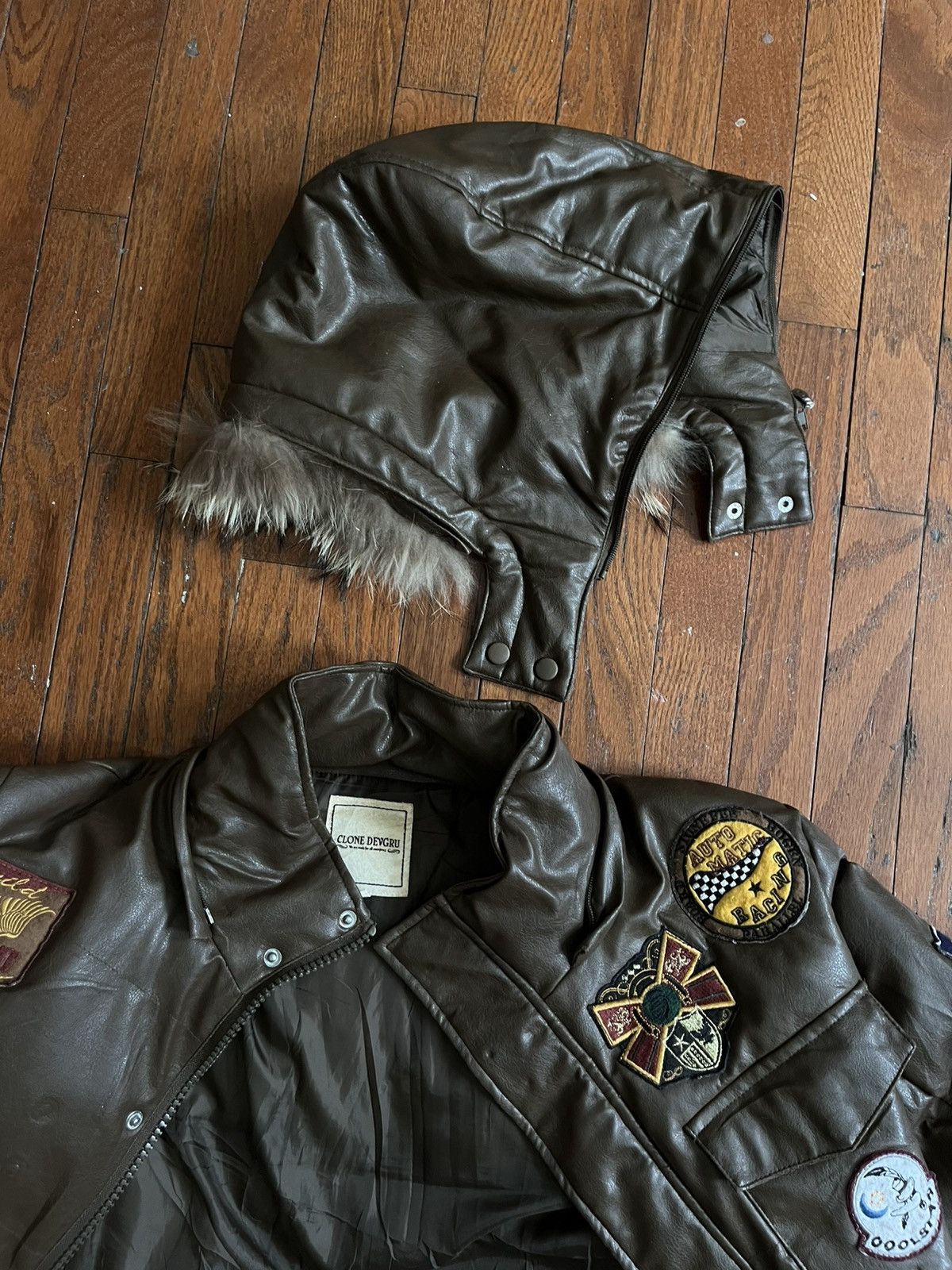Japanese Brand Brown leather bomber/parka fur, patches Size US M / EU 48-50 / 2 - 11 Thumbnail
