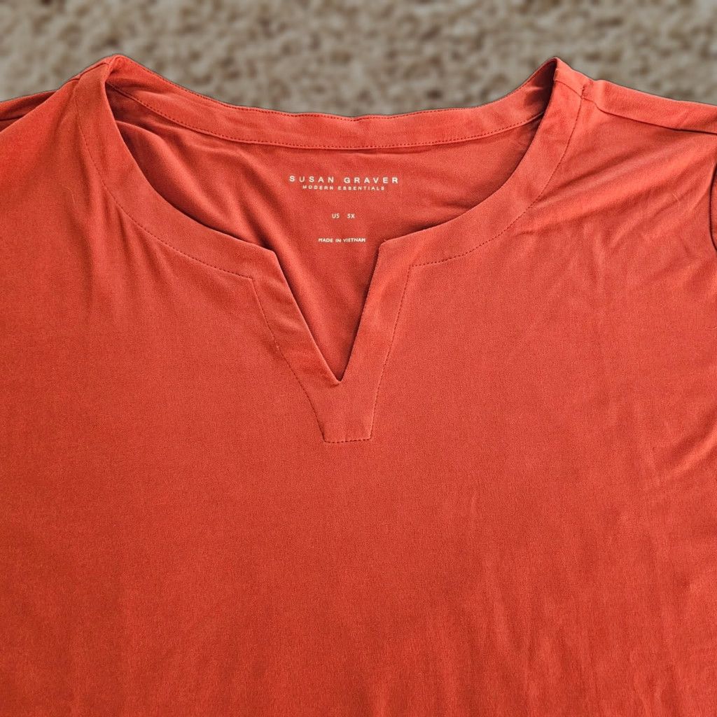 Vintage Susan Graver Top Women 5X Orange No Iron Short Sleeve Slinky Stretch Capsule Blouse Size XXL / US 16-18 / IT 52-54 - 1 Thumbnail