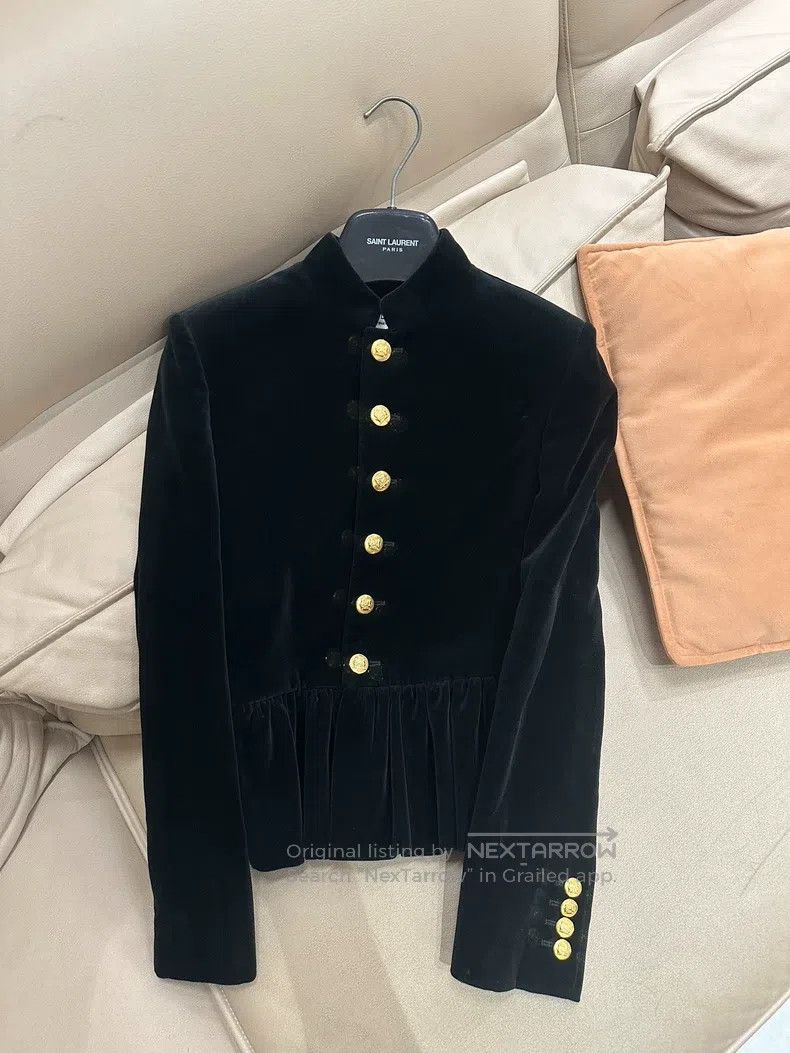 CELINE size 36 Black Velvet Jacket with Gold Buckle
