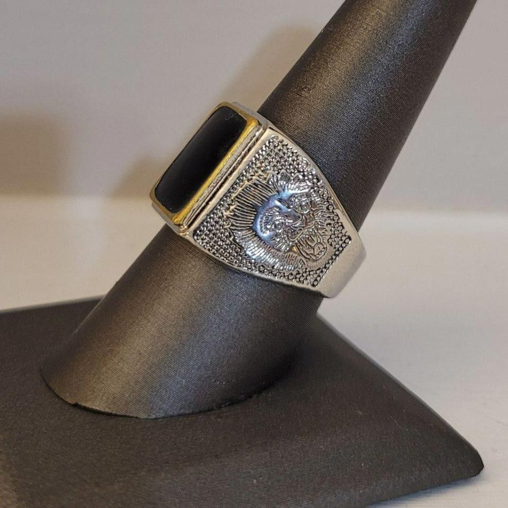 Designer Men's Retro Lion Black Square Onyx Silver Ring - Size 9 Size ONE SIZE - 7 Thumbnail