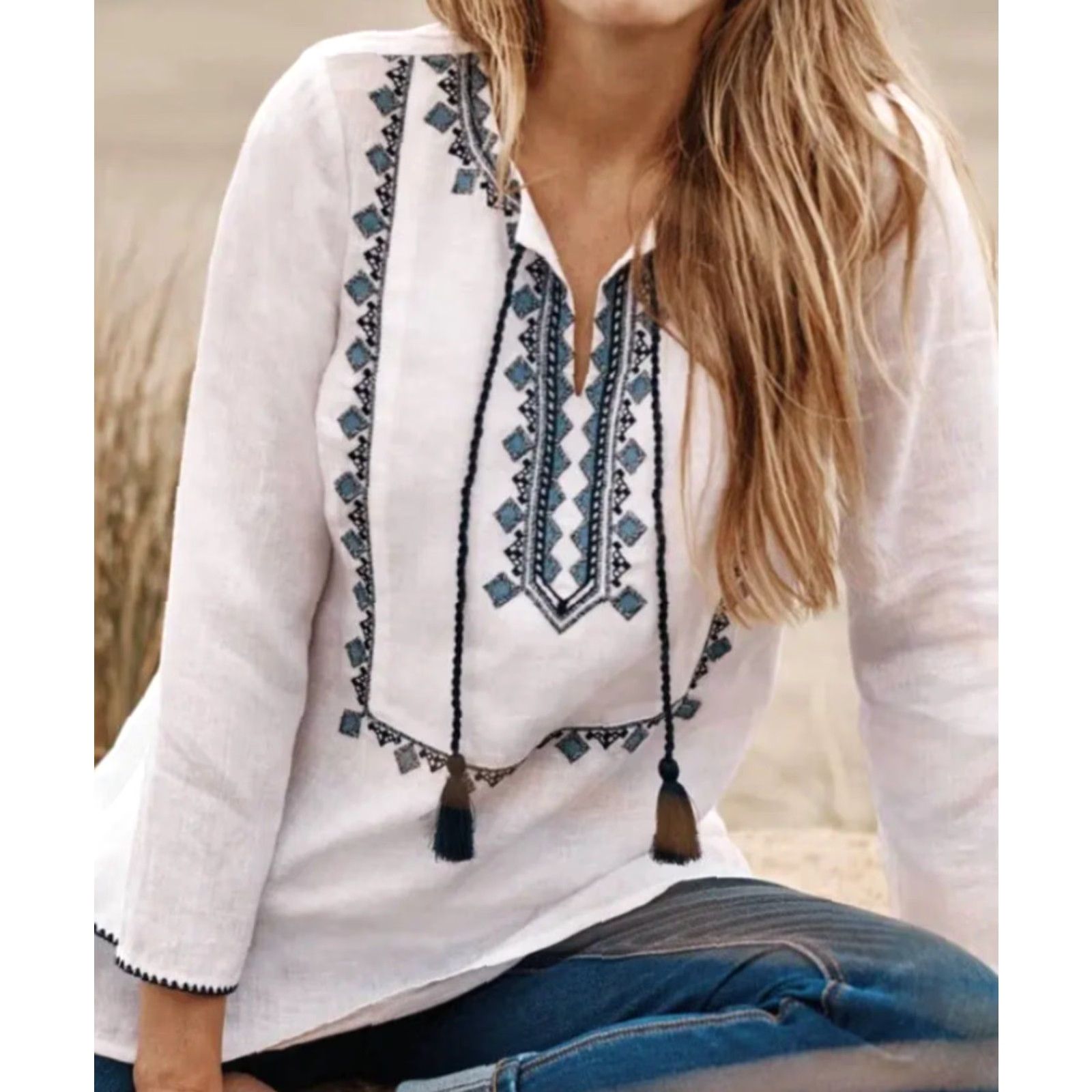 J. Jill J.Jill Linen Embroidered Tunic Sz M White 3/4 Sleeve Split Neckline Womens Tunic Linen Embroidered Tunic All Seasons Medium Dated: None Size M / US 6-8 / IT 42-44 - 2 Thumbnail