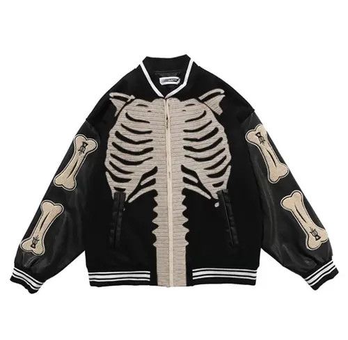 image of Vintage Bone Patch Skeleton Bomber Jacket in Black, Men's (Size Medium)