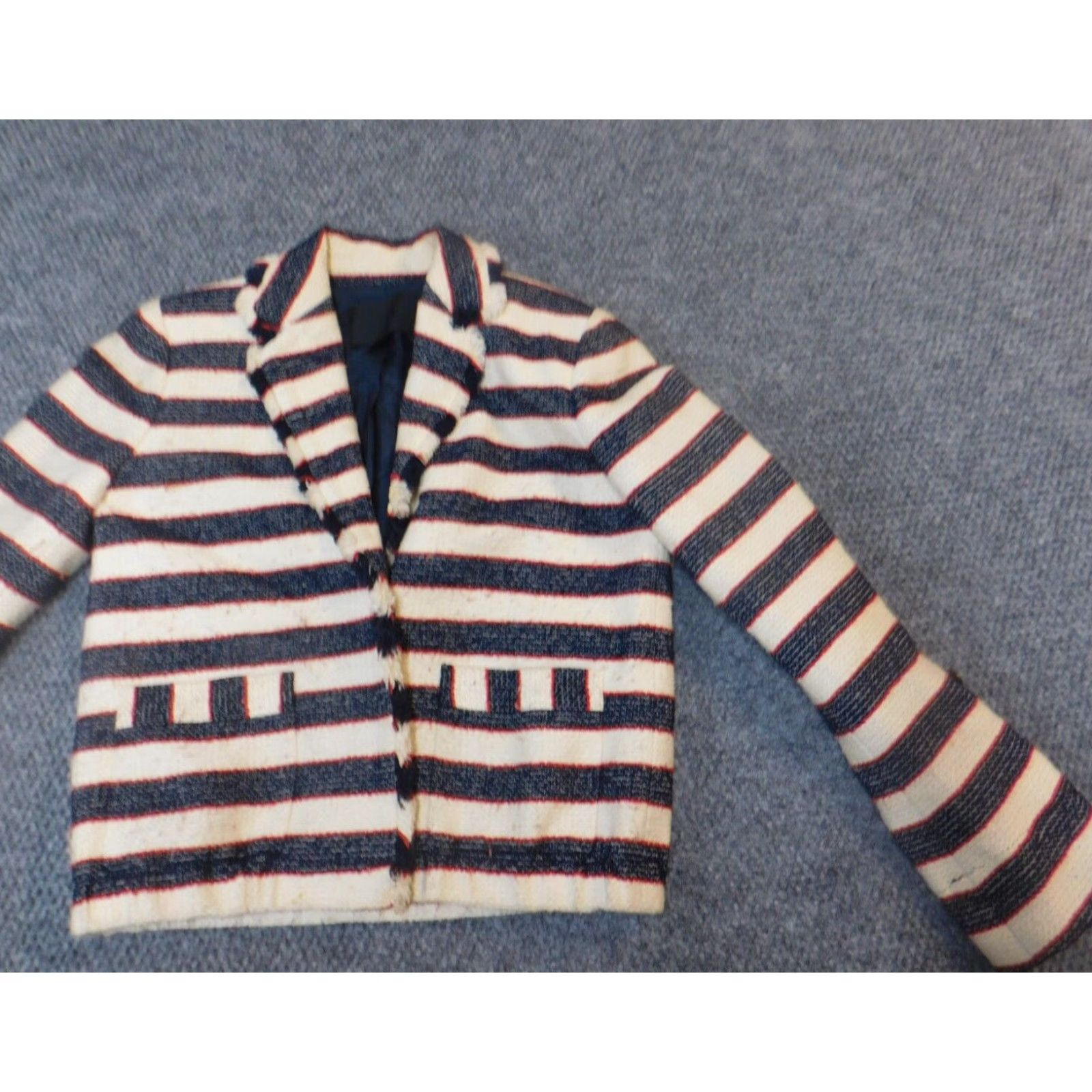 J.Crew J.CREW Blazer Womens 0 Blue Beige Striped Knit Cotton Mid-Length Button - Classic Casual Fall Winter Mens Womens Girls Size XS / US 0-2 / IT 36-38 - 2 Thumbnail
