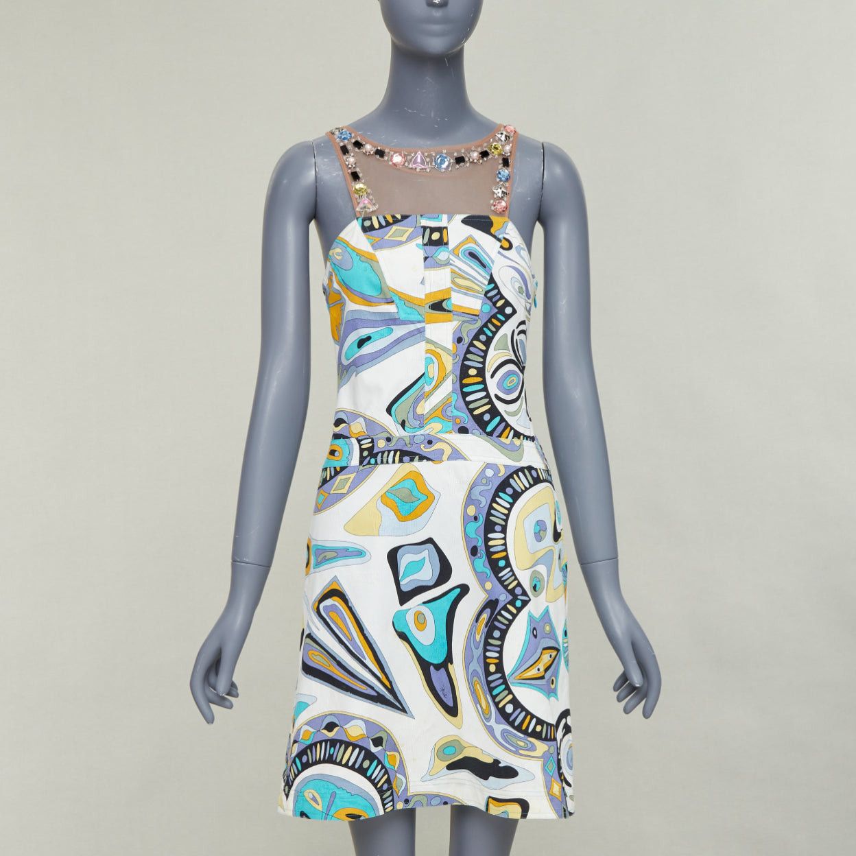 Emilio Pucci EMILIO PUCCI Vintage crystal rhinestone mesh collar signature graphic print dress IT40 M Size S / US 4 / IT 40 - 1 Thumbnail