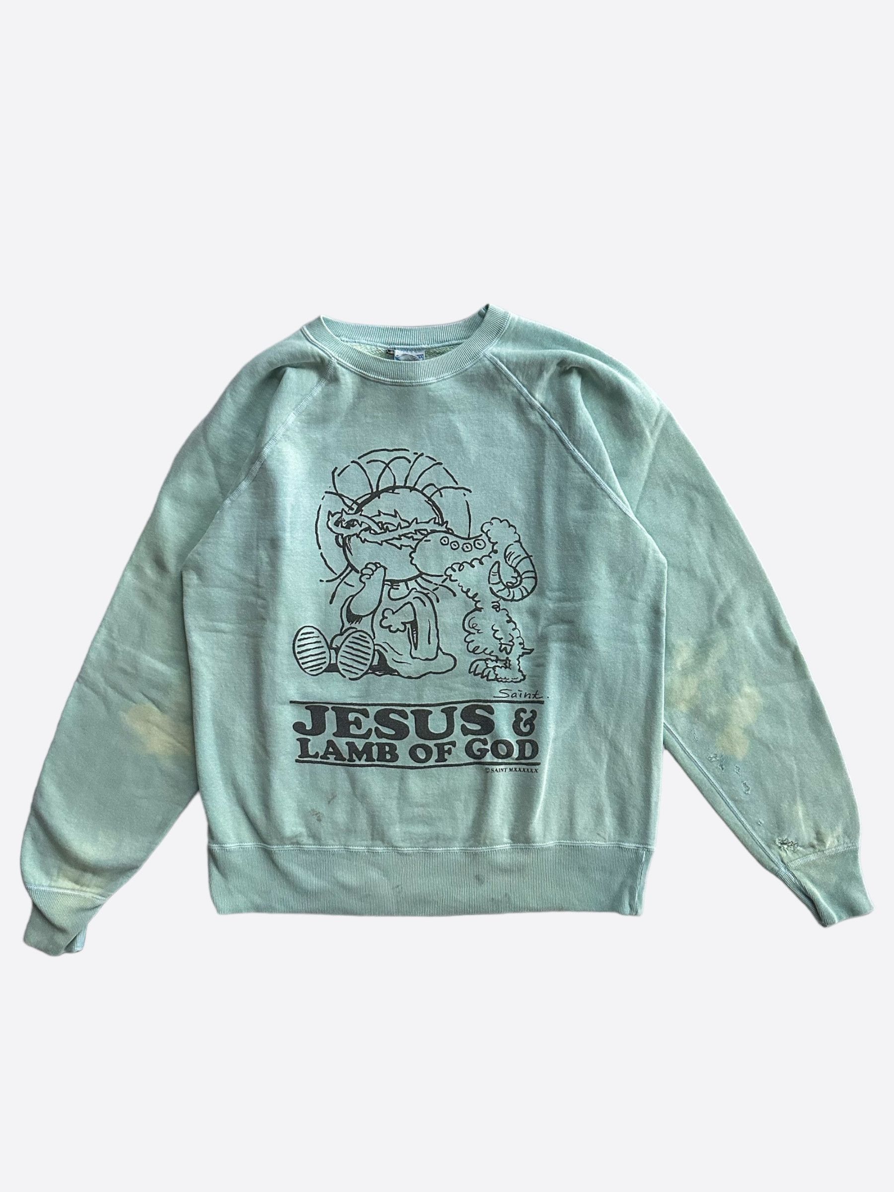 image of Saint Michael Light Blue Jesus & Lamb Of God Sweater, Men's (Size Small)