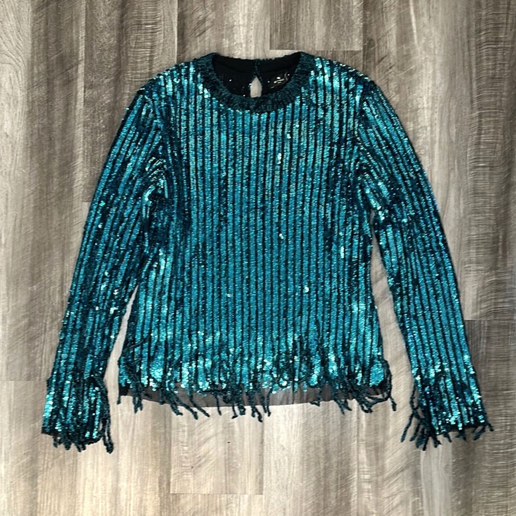 Etro ETRO Teal Sequin Fringed Jumper Top - 46 US Womens Regular Size M / US 6-8 / IT 42-44 - 2 Thumbnail