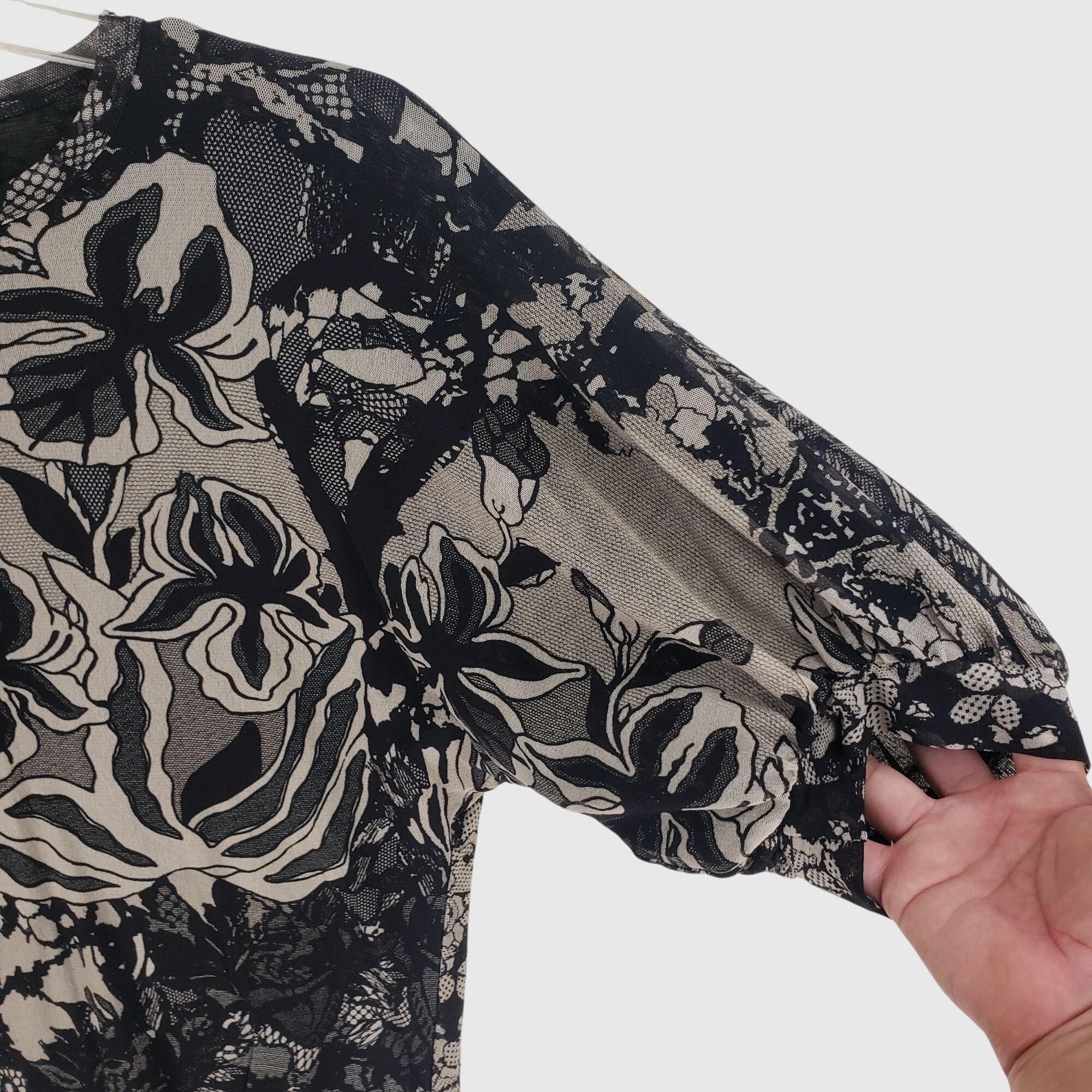 FUZZI FUZZI Italy Floral Mesh Top Black Beige Puff Sleeve Blouse Size M / US 6-8 / IT 42-44 - 3 Thumbnail