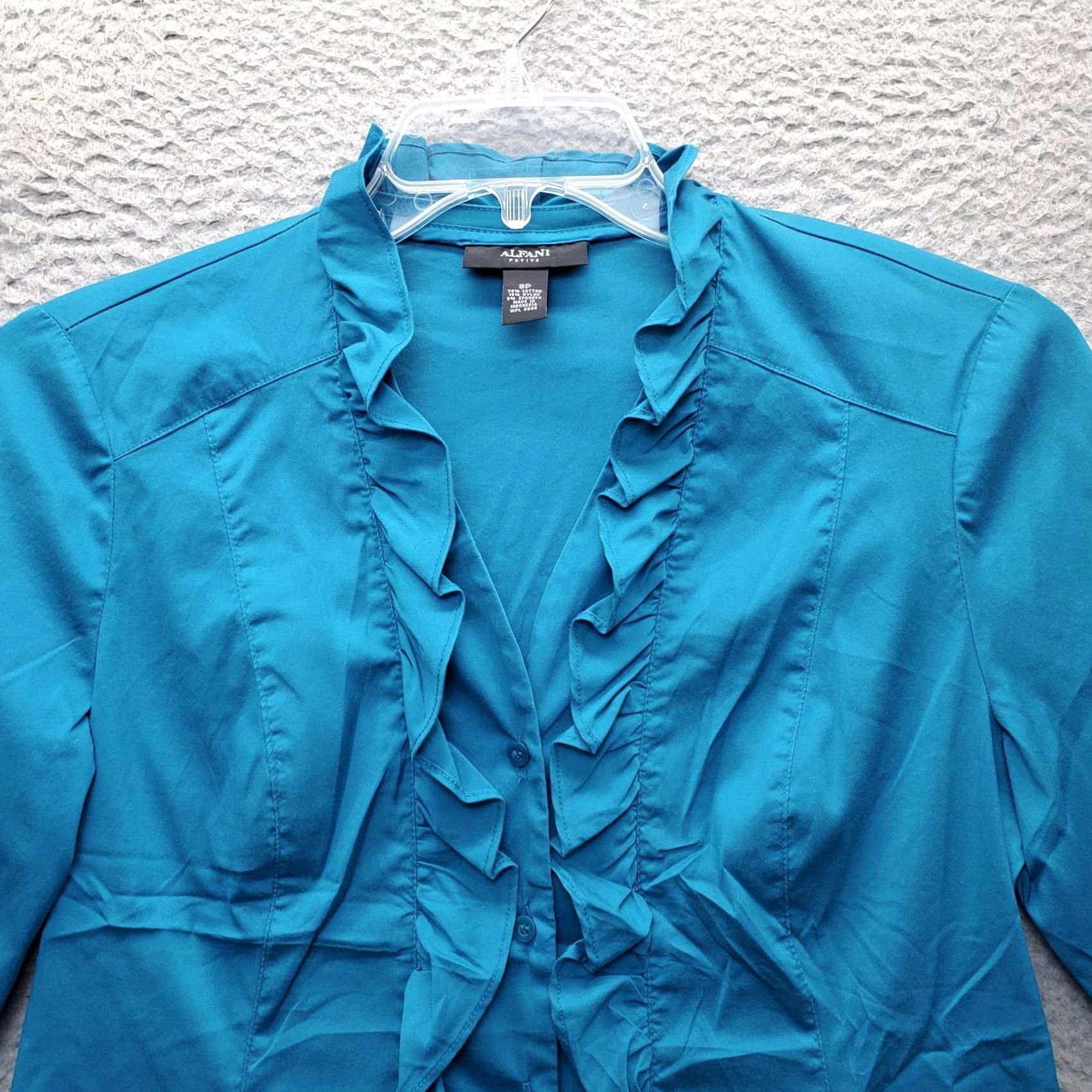 Alfani Alfani Shirt Womens Size 8P Blue Long Sleeve V-Neck Button Front Ruffle Top Front Button-Up Blouse Size M / US 6-8 / IT 42-44 - 3 Thumbnail