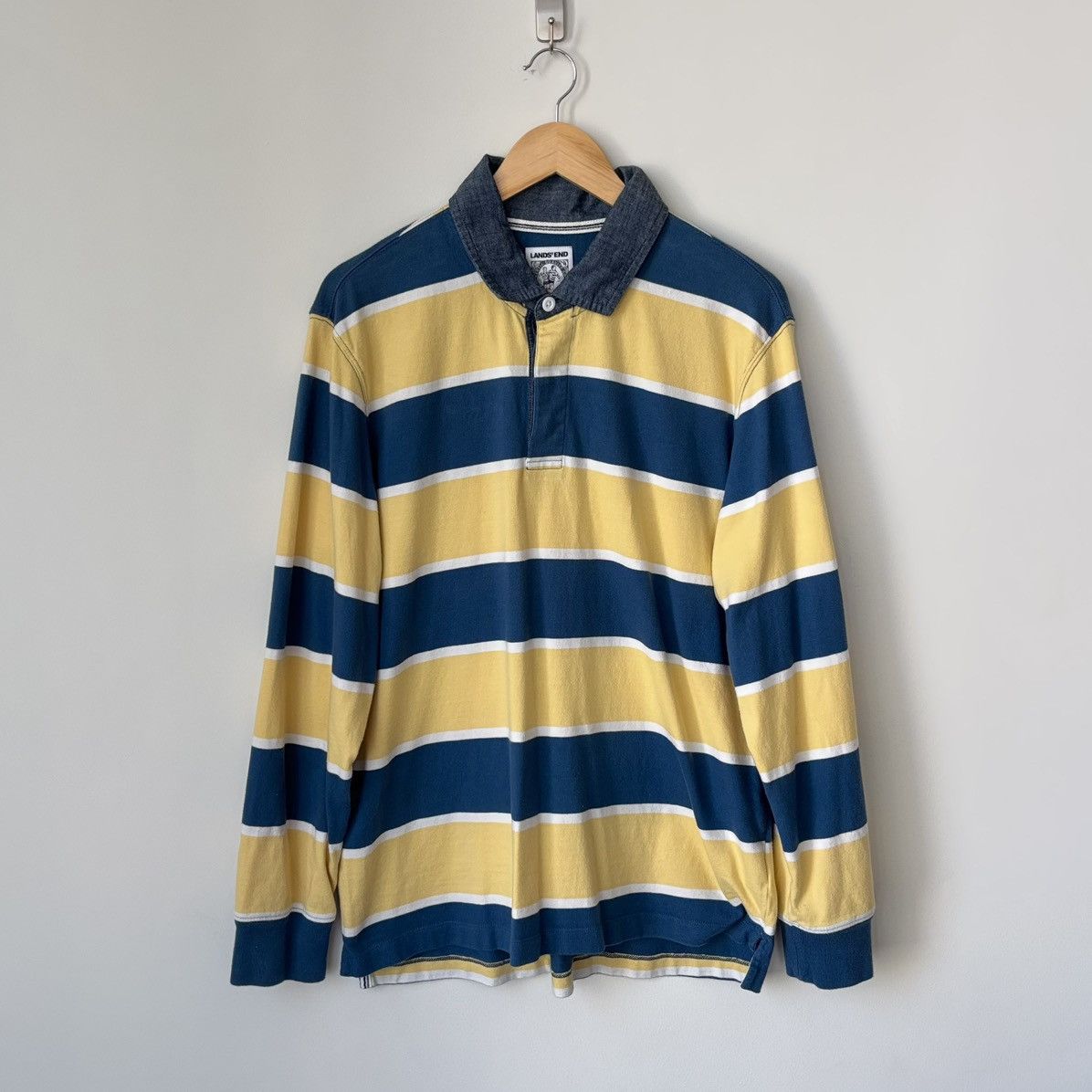 Lands' End Vintage Polo Rugby Shirt Blue Yellow Striped Y2K 90s Size US L / EU 52-54 / 3 - 1 Thumbnail