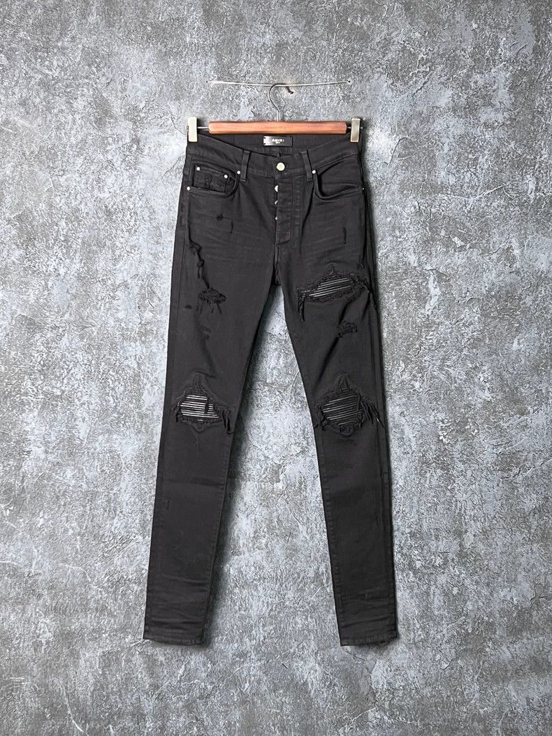 Amiri Amiri MX1 Classic Black Leather Patch Denim Jeans Size US 31 - 1 Thumbnail