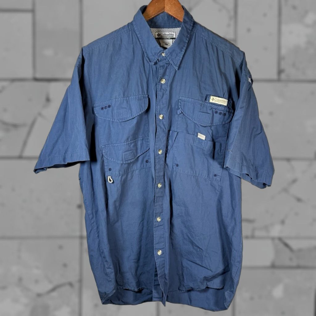 Vintage Columbia Shirt Men L Blue Short Sleeve Button-Up PFG Polyester Blend Vented Hiking Size US 33 - 1 Thumbnail