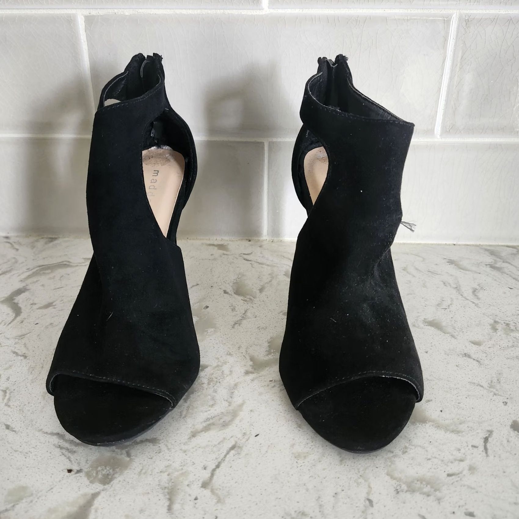 Vintage Madden Girl Black Suede Open Toe Zipper Back Heels - Size 7 - Women - Heel - Party/Cocktail, Casual, Formal - Black - Zipper - City, Business, Party Size US 7 / IT 37 - 2 Thumbnail
