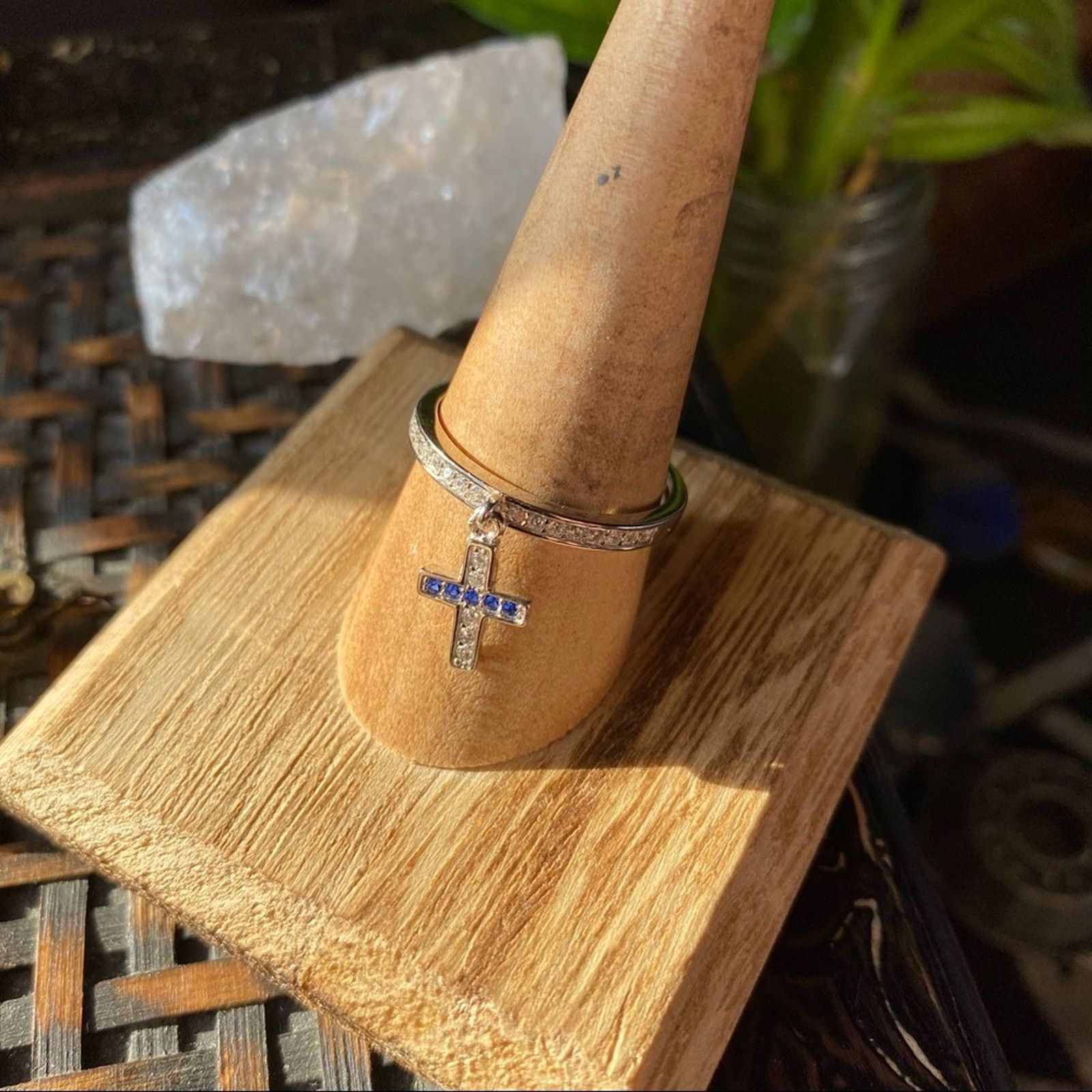 The Unbranded Brand Sapphire CZ Cross Dangle Sterling Silver Ring Size ONE SIZE - 5 Thumbnail