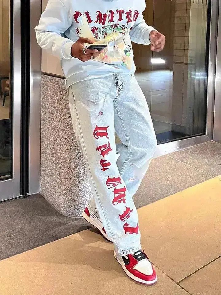 Japanese Brand Printed Buggy Jeans made of frayed denim casual straight Y2K Size US 32 / EU 48 - 3 Thumbnail