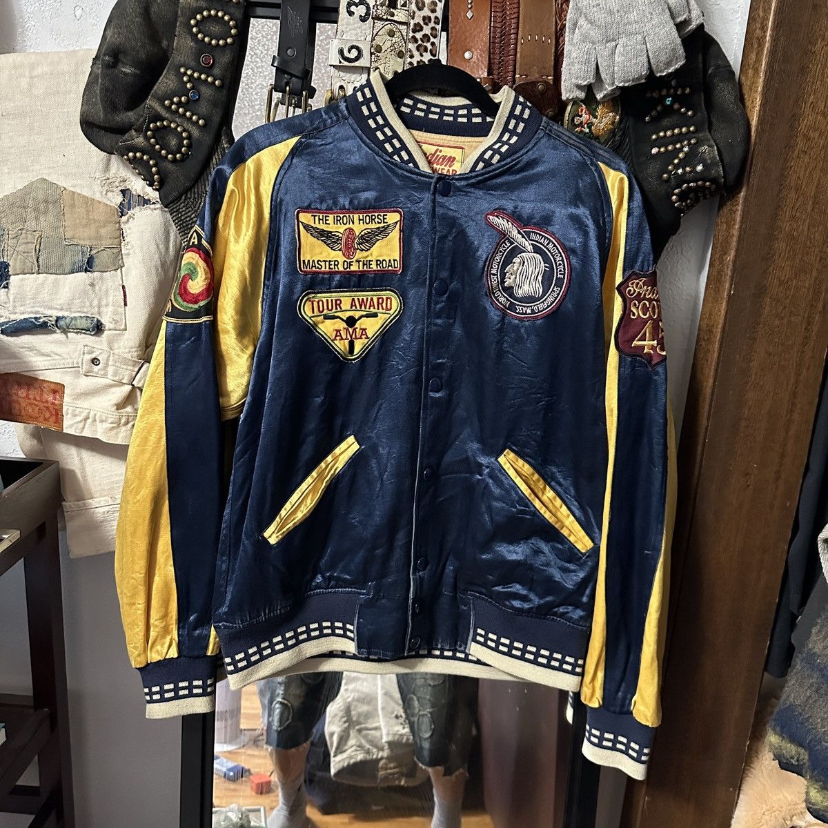 image of Sukajan Souvenir Jacket x Varsity Jacket Chain Stitch Indian Navajo Motorcycle Sukajan Hippie Jacke