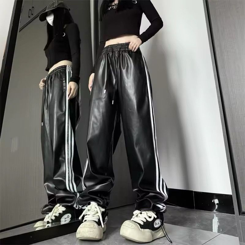PU Striped Print Autumn Winter Long Pant