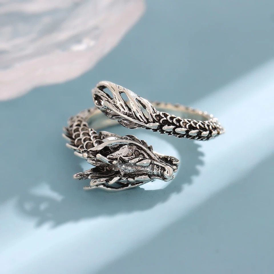 Jewelry × Vintage Domineering Dragon Silver Plate Zodiac Opening Rings Size ONE SIZE - 4 Thumbnail