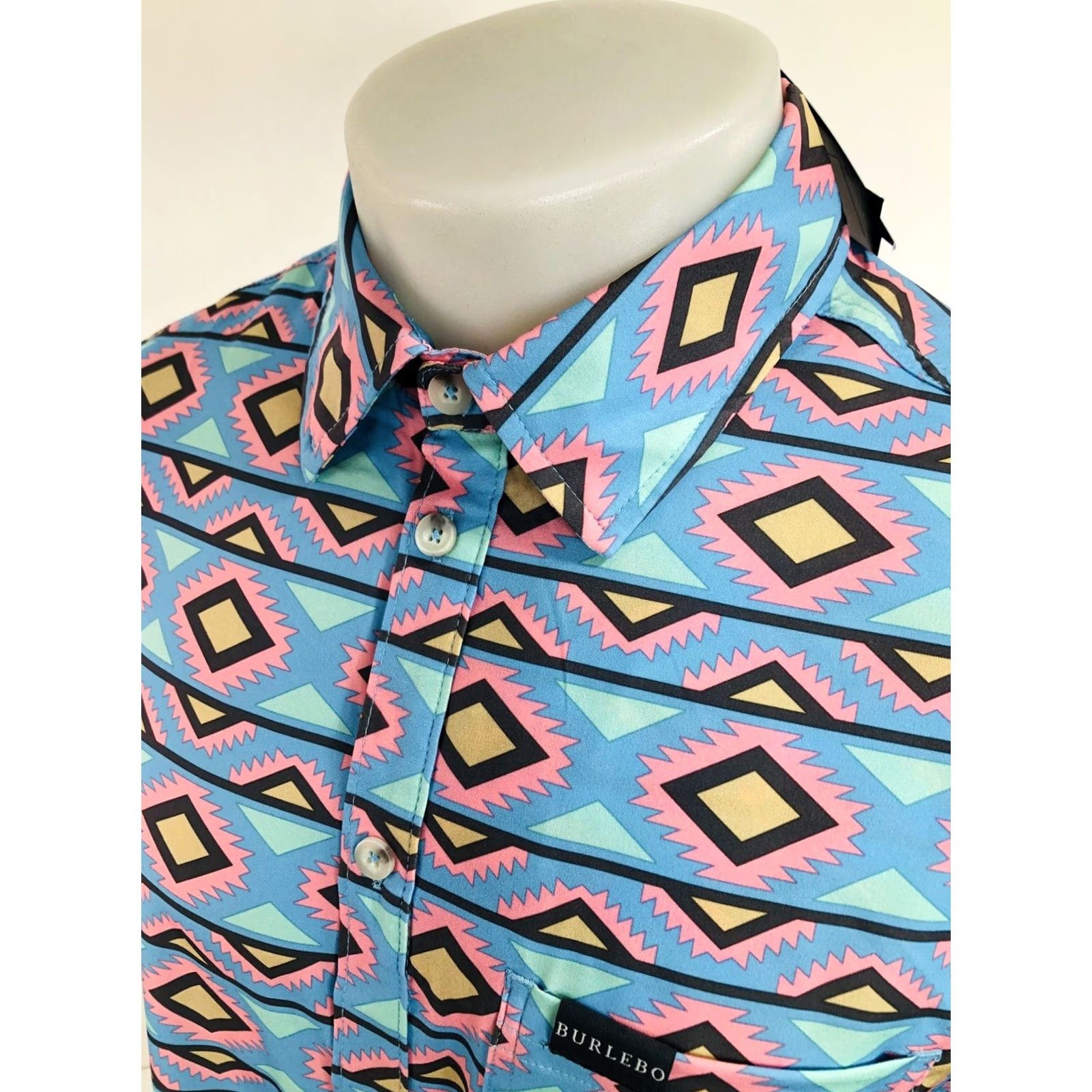 Vintage Burlebo Shirt Mens M Aztec Southwest Button-Up Short Sleeve Blue Pink Tan Brown Green Tag New} Size US M / EU 48-50 / 2 - 3 Thumbnail