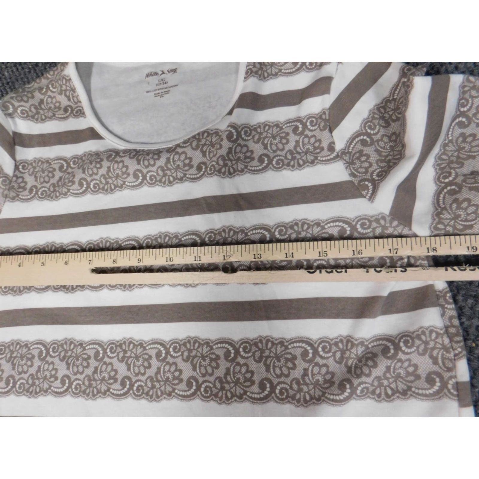 Vintage White Stag Blouse Shirt Womens L Brown Striped Crew Neck Short Sleeve Pullover Cotton Rayon Basic Casual Ruffle Vintage No 100% Cotton Regular Size L / US 10 / IT 46 - 6 Thumbnail
