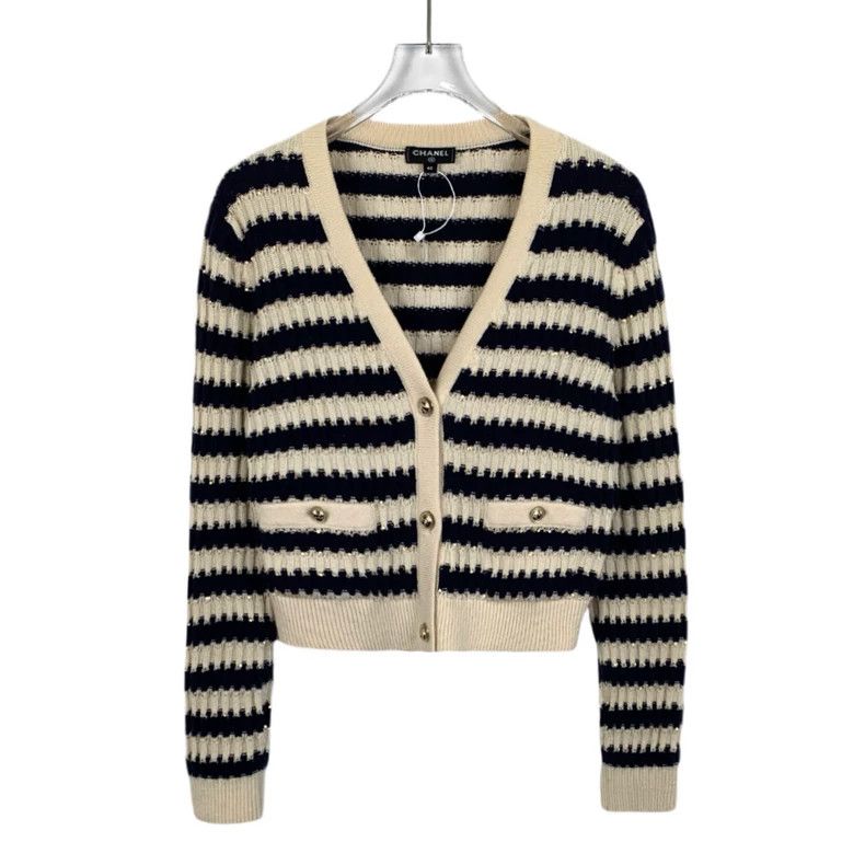 Chanel Chanel Color-blocked striped sequin cashmere V-neck long-sl Size S / US 4 / IT 40 - 1 Thumbnail