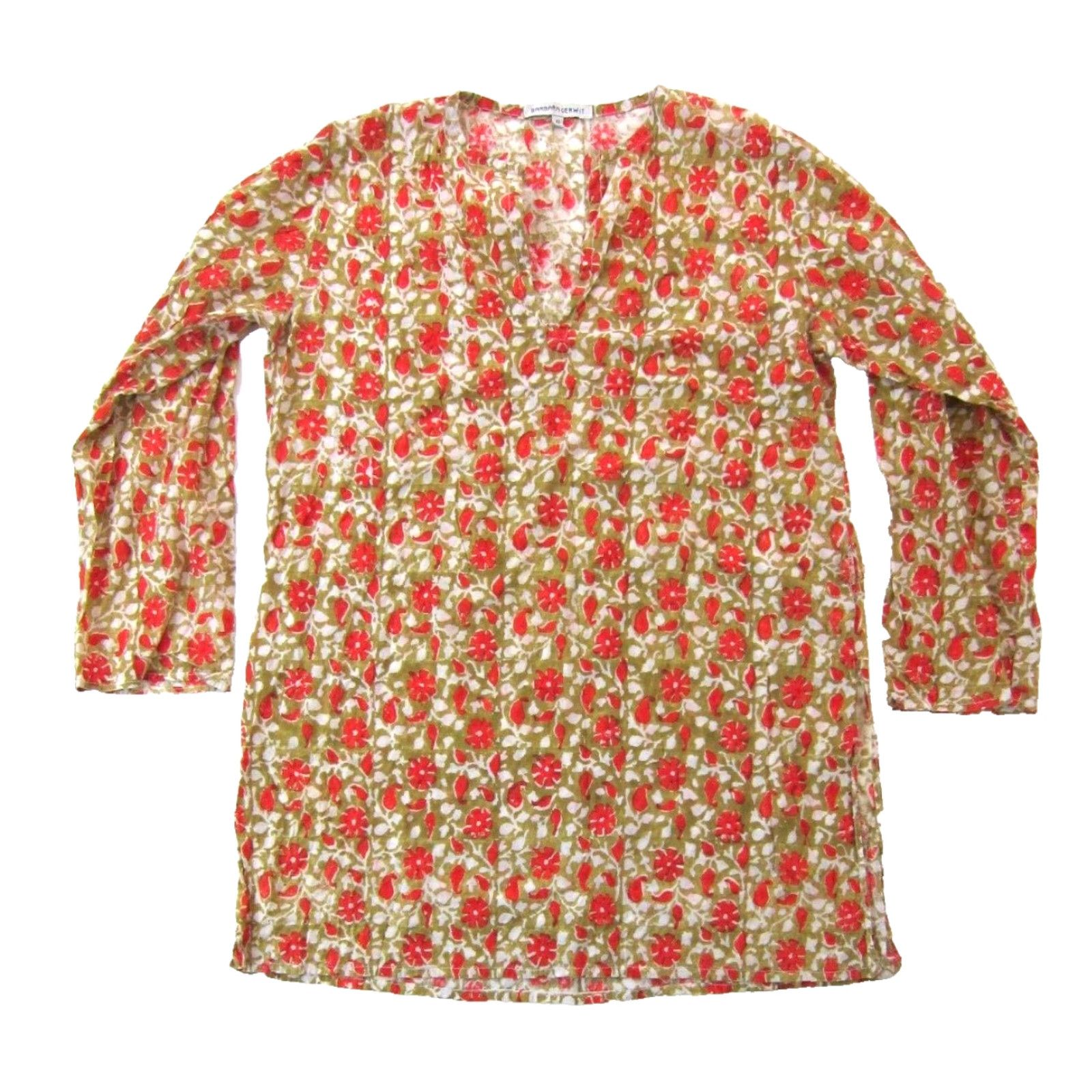 Pinko Barbara Gerwit Blouse 100% Cotton Pink Brown Floral Long Sleeve V-Neck XL Women Size XL / US 12-14 / IT 48-50 - 2 Thumbnail