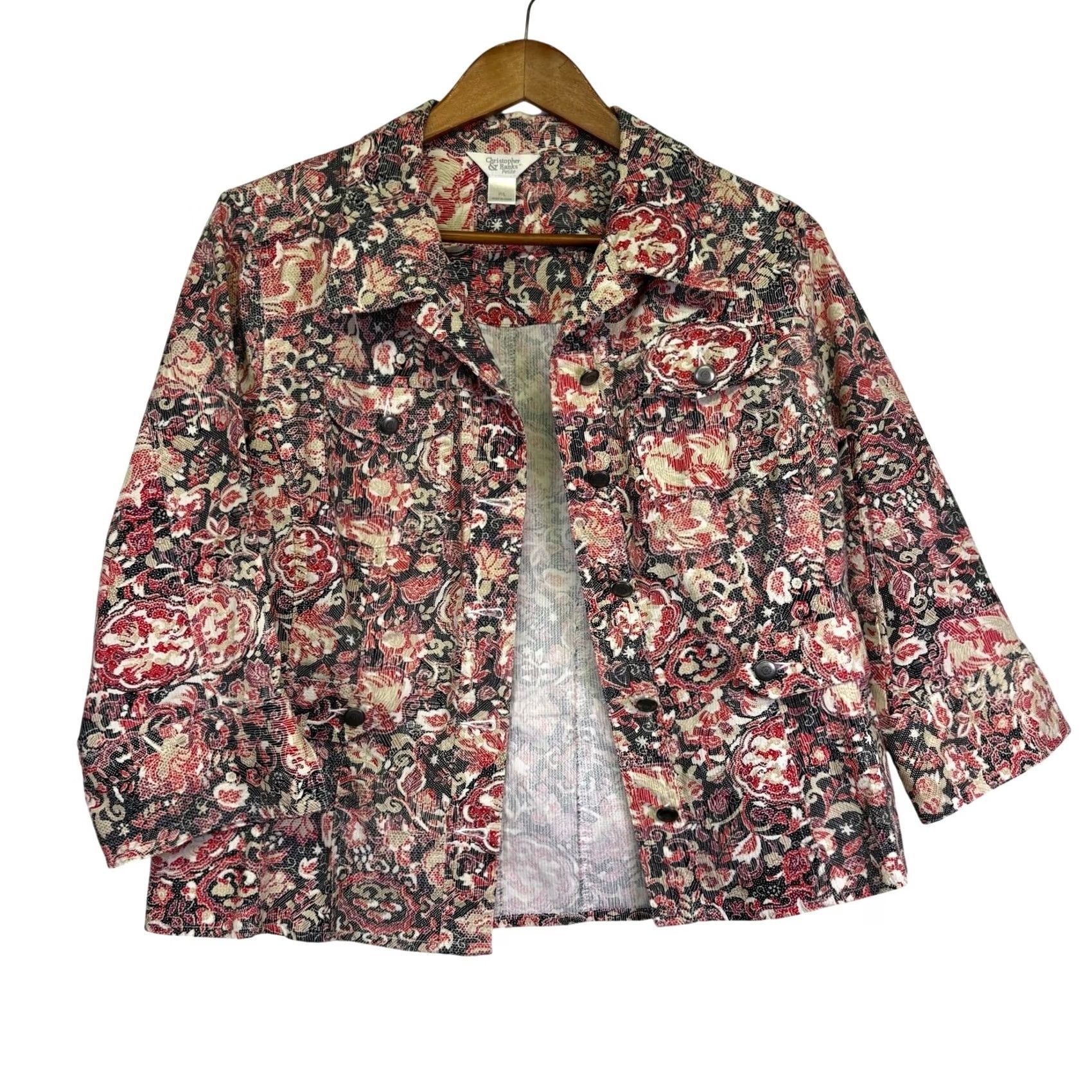 Vintage VINTAGE Christopher & Banks Floral Paisley Jacquard Cropped Blazer Jacket PETITE L Pink 3/4 Sleeve Button Front Size L / US 10 / IT 46 - 2 Thumbnail