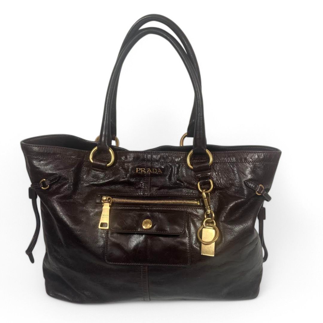 Prada Prada - Shiny Brown Black Leather Gold Hardware Shoulder Bag Size ONE SIZE - 2 Thumbnail