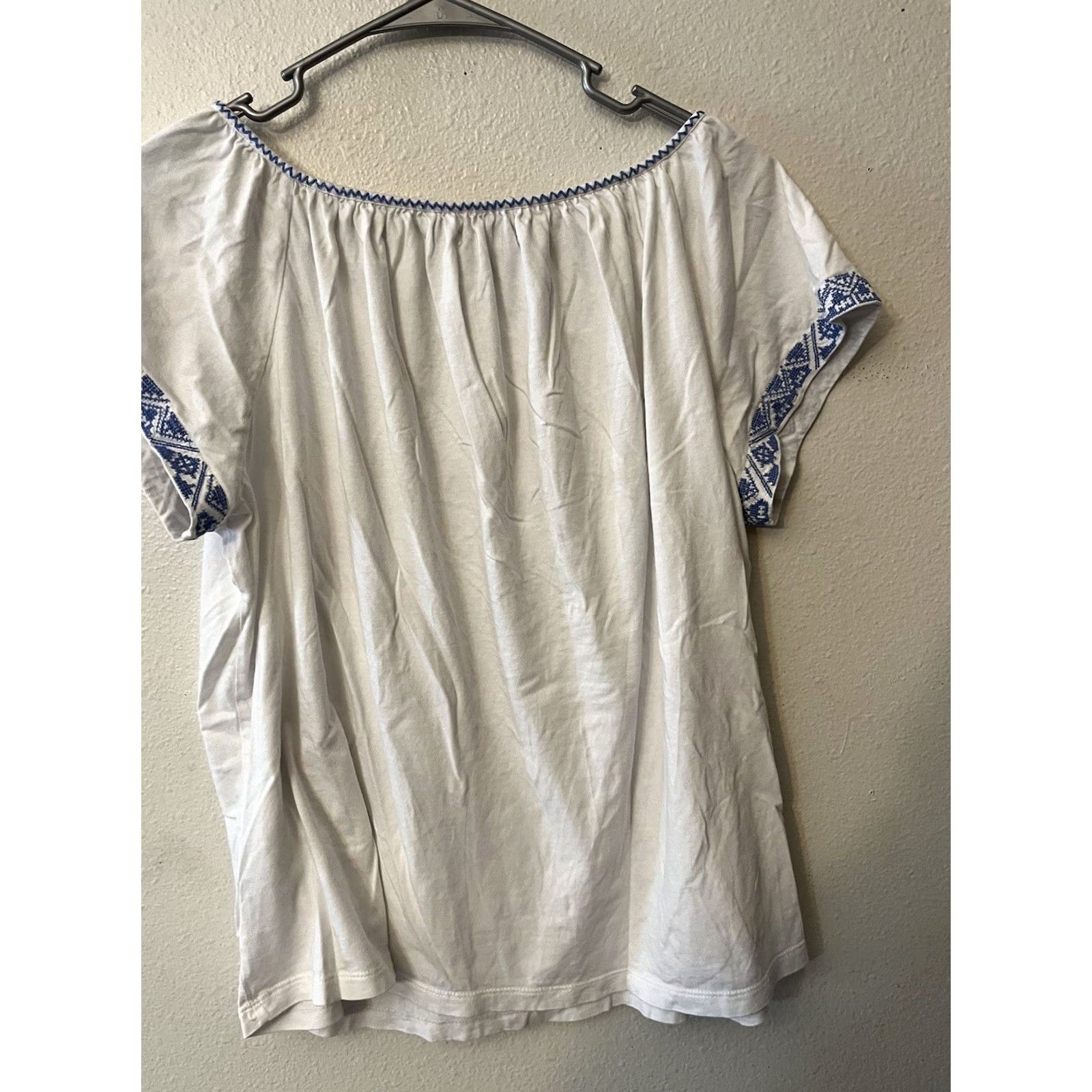 Chaps Chaps White Peasant Top Embroidered Neckline Square Neck Flutter Sleeve Cotton Blend Petite PXL Womens Blouse Country Size XL / US 12-14 / IT 48-50 - 3 Thumbnail