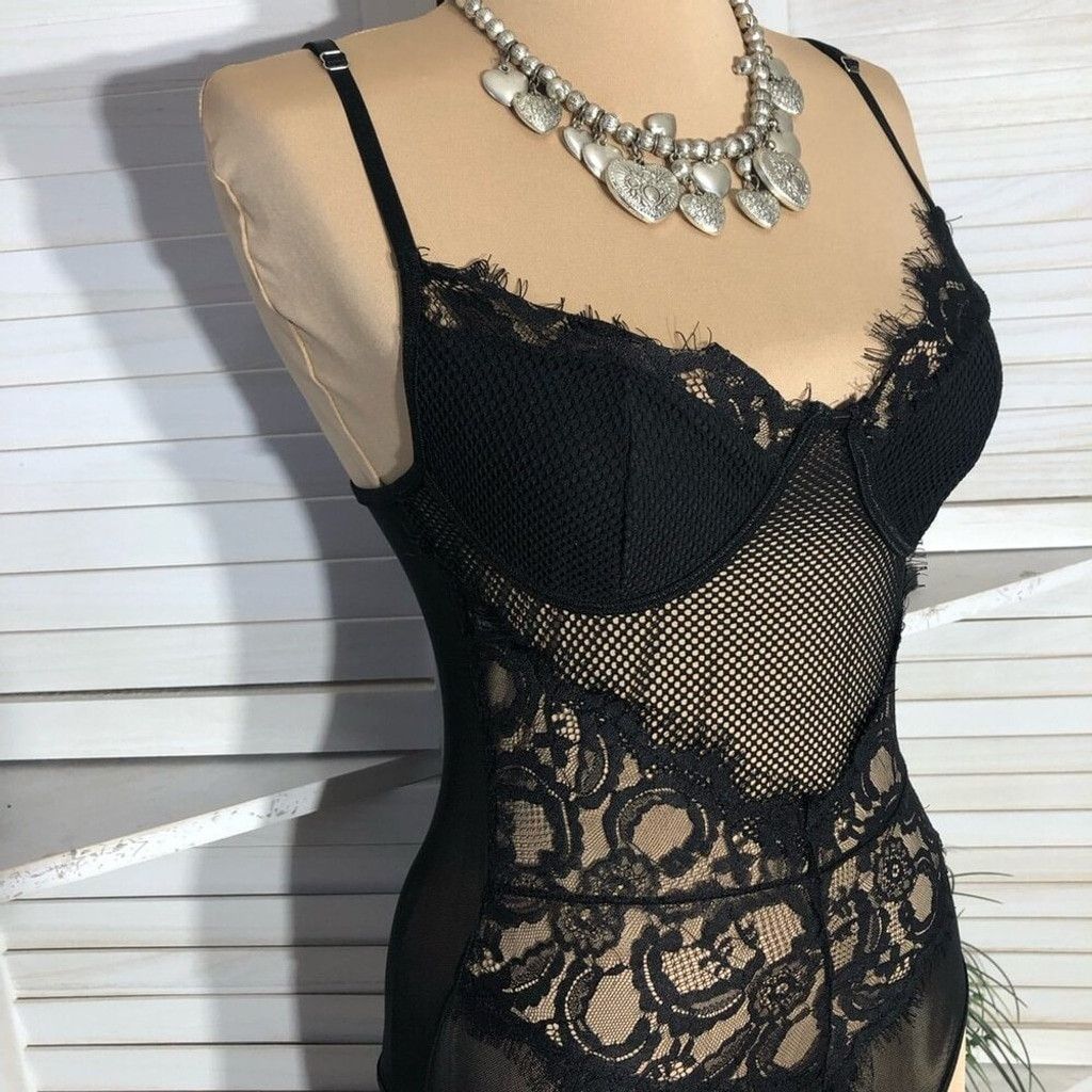 Vintage Y2K Bustier Bodysuit Lace Sheer Mesh Floral Black sz S Size ONE SIZE - 13 Thumbnail