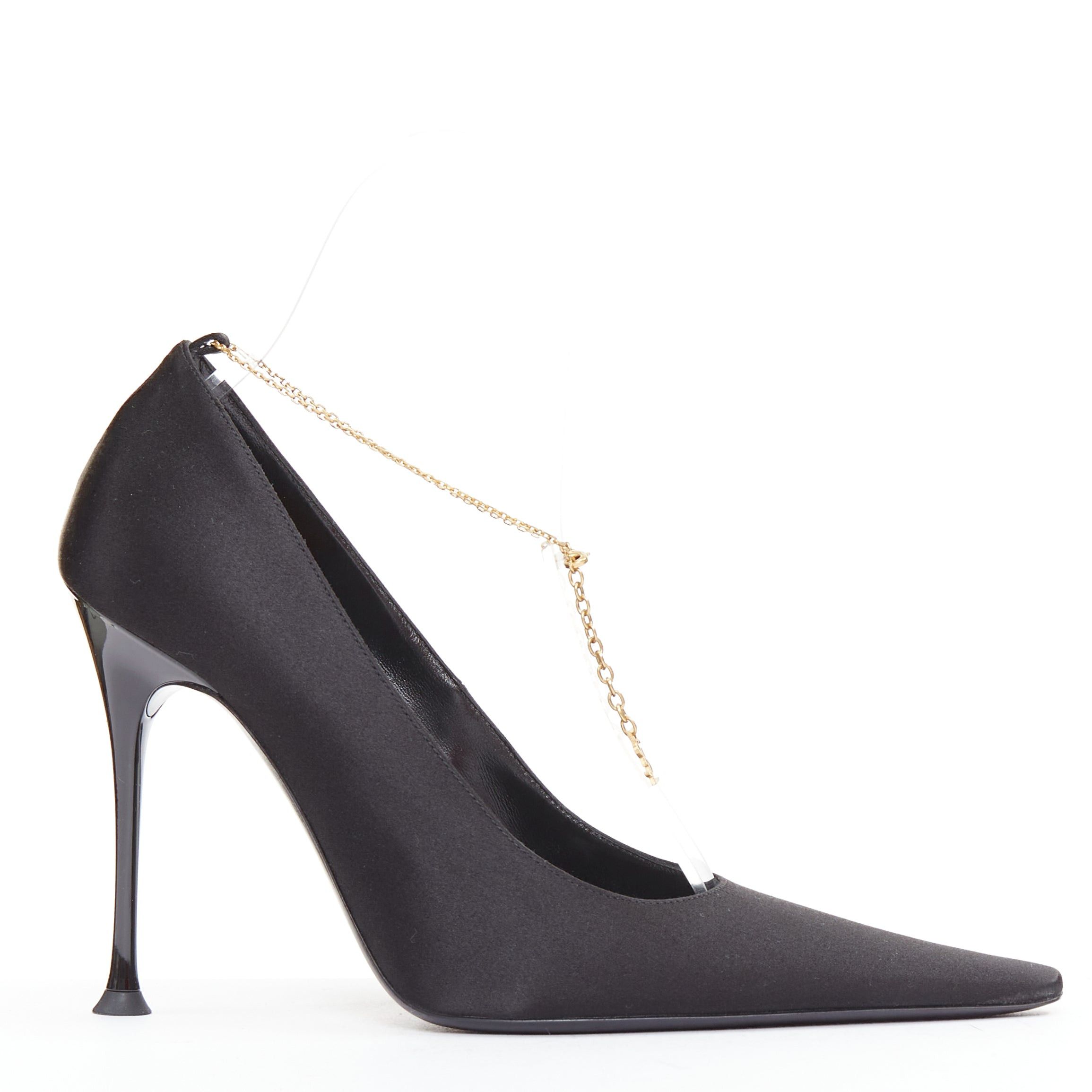 Saint Laurent Paris SAINT LAURENT black satin gold-tone YSL chain anklet point toe stiletto EU38 Size US 8 / IT 38 - 1 Thumbnail
