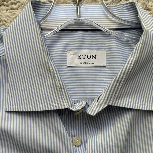 Eton ETON Men's Dress Shirt Blue Striped Cotton Custom Made $450 Size 36R - 1 Thumbnail
