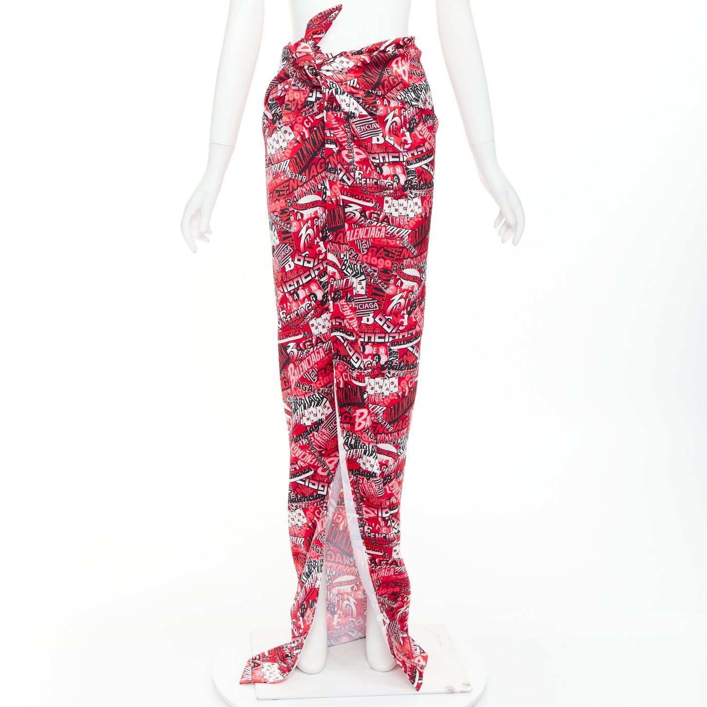 Balenciaga BALENCIAGA Demna 2019 Runway red all over collage logo graphic self tie wrap maxi skirt FR34 XS Size 26" / US 2 / IT 38 - 1 Thumbnail