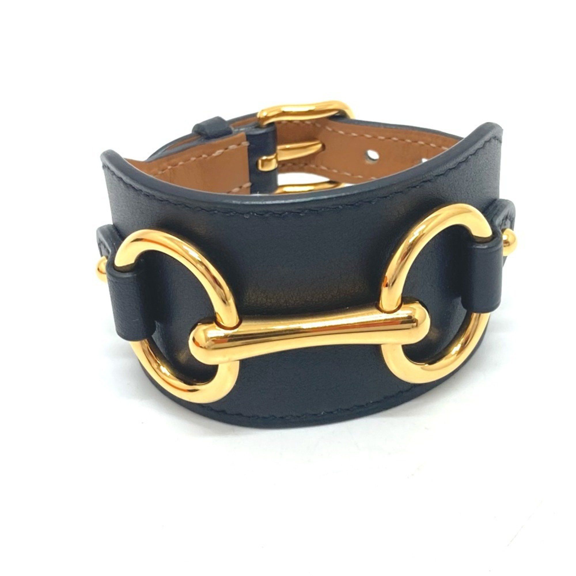 HERMES Horsebit Bangle Bracelet in Swift Leather Black Like New Women's