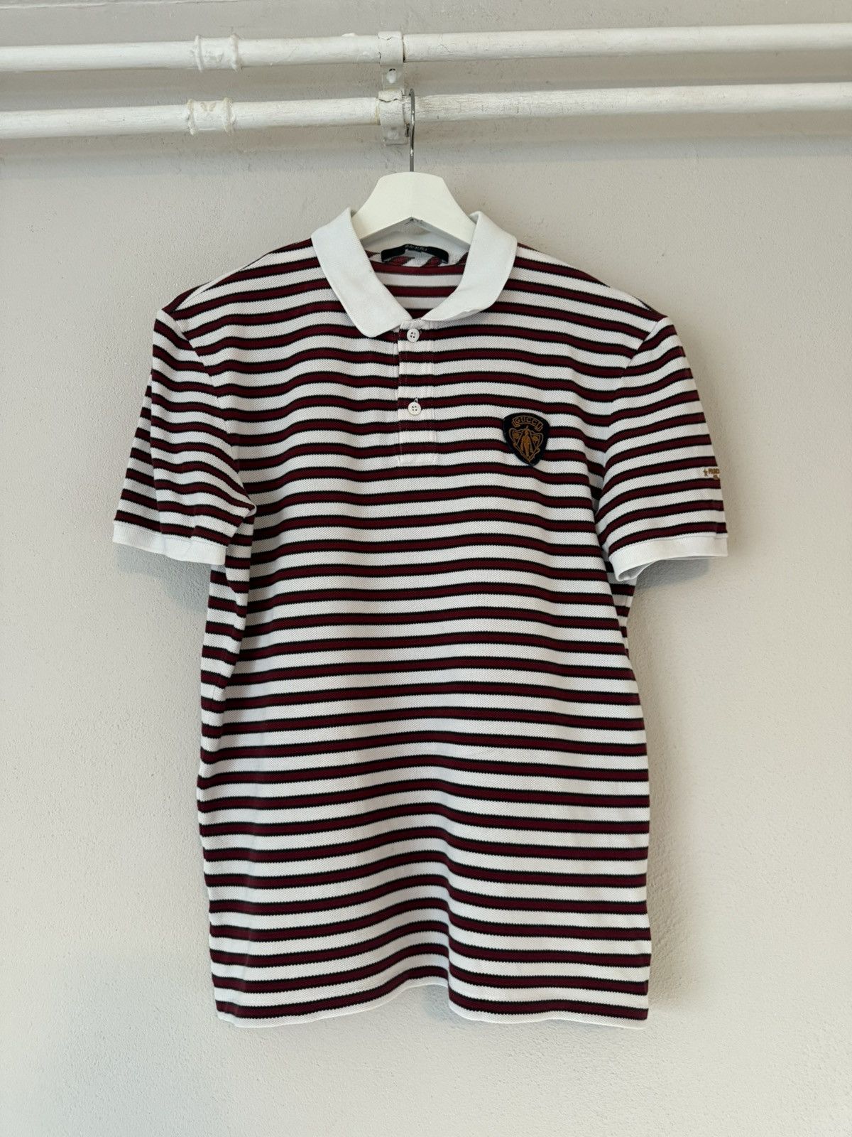 Gucci Striped Cotton Polo with Embroidered Crest Patch Size US M / EU 48-50 / 2 - 1 Thumbnail